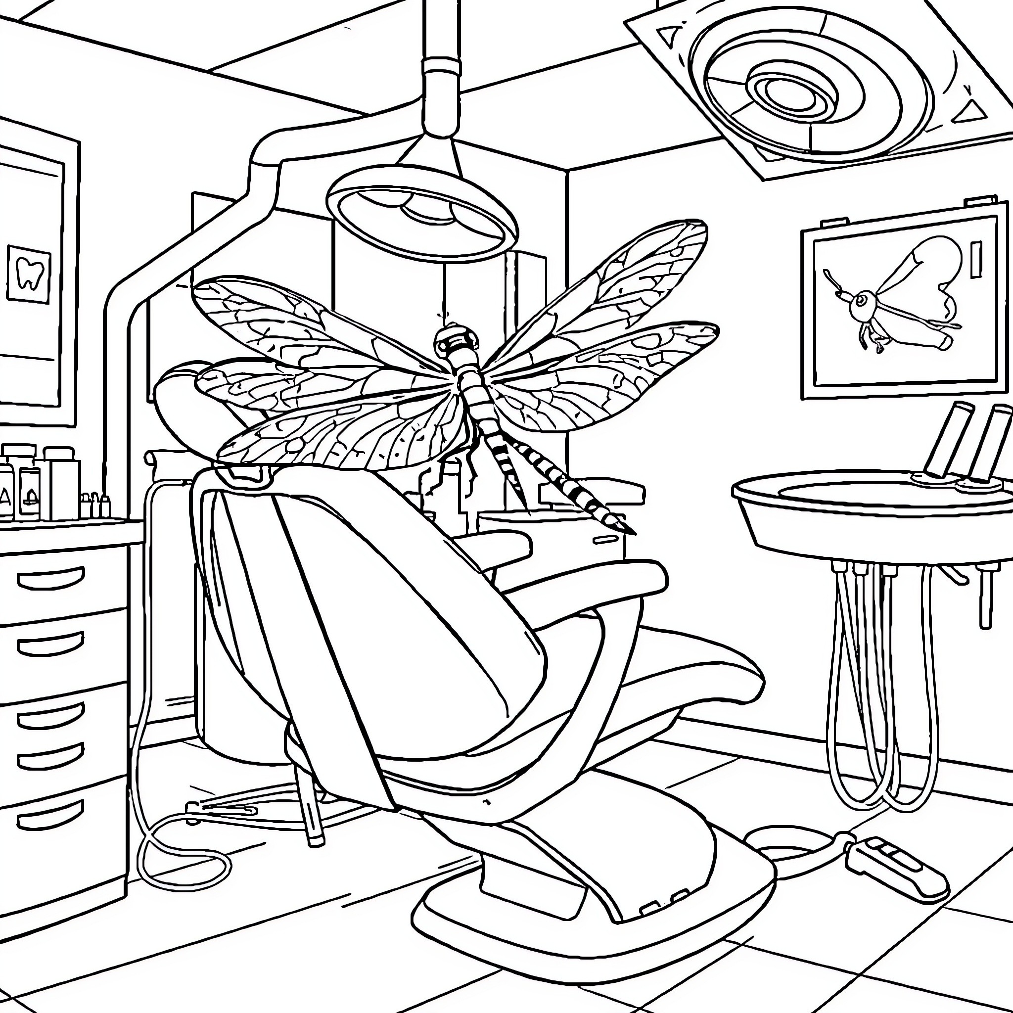 Dragonfly Perched on Dentist's Chair Coloring Page (free black-and-white line drawing printable PDF for all, from beginners to advanced learners, including children, teens, adults, and seniors)