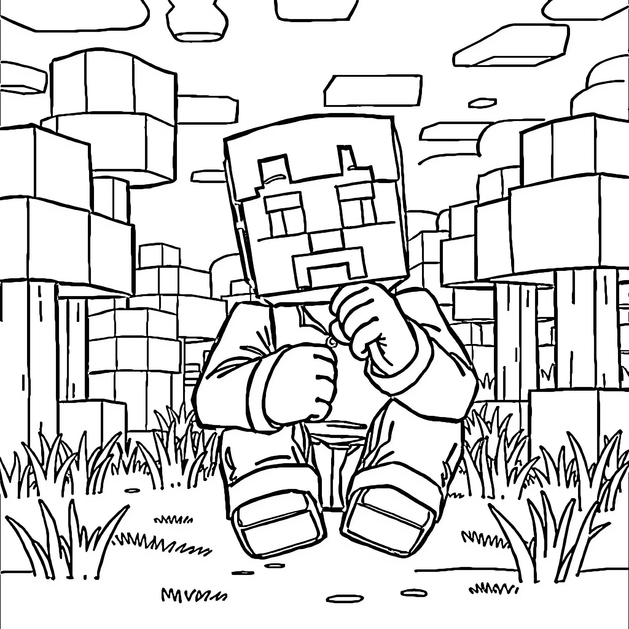 Minecraft Boy Sitting Alone in the Meadow Coloring Page (free black-and-white line drawing printable PDF for all, from beginners to advanced learners, including children, teens, adults, and seniors)