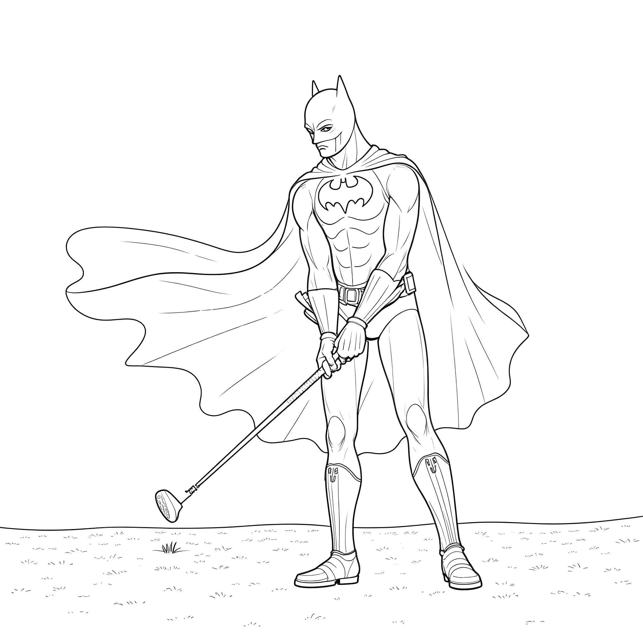 Batman's heroic stance with cape and bat insignia Coloring Page (free black-and-white line drawing printable PDF for all, from beginners to advanced learners, including children, teens, adults, and seniors)