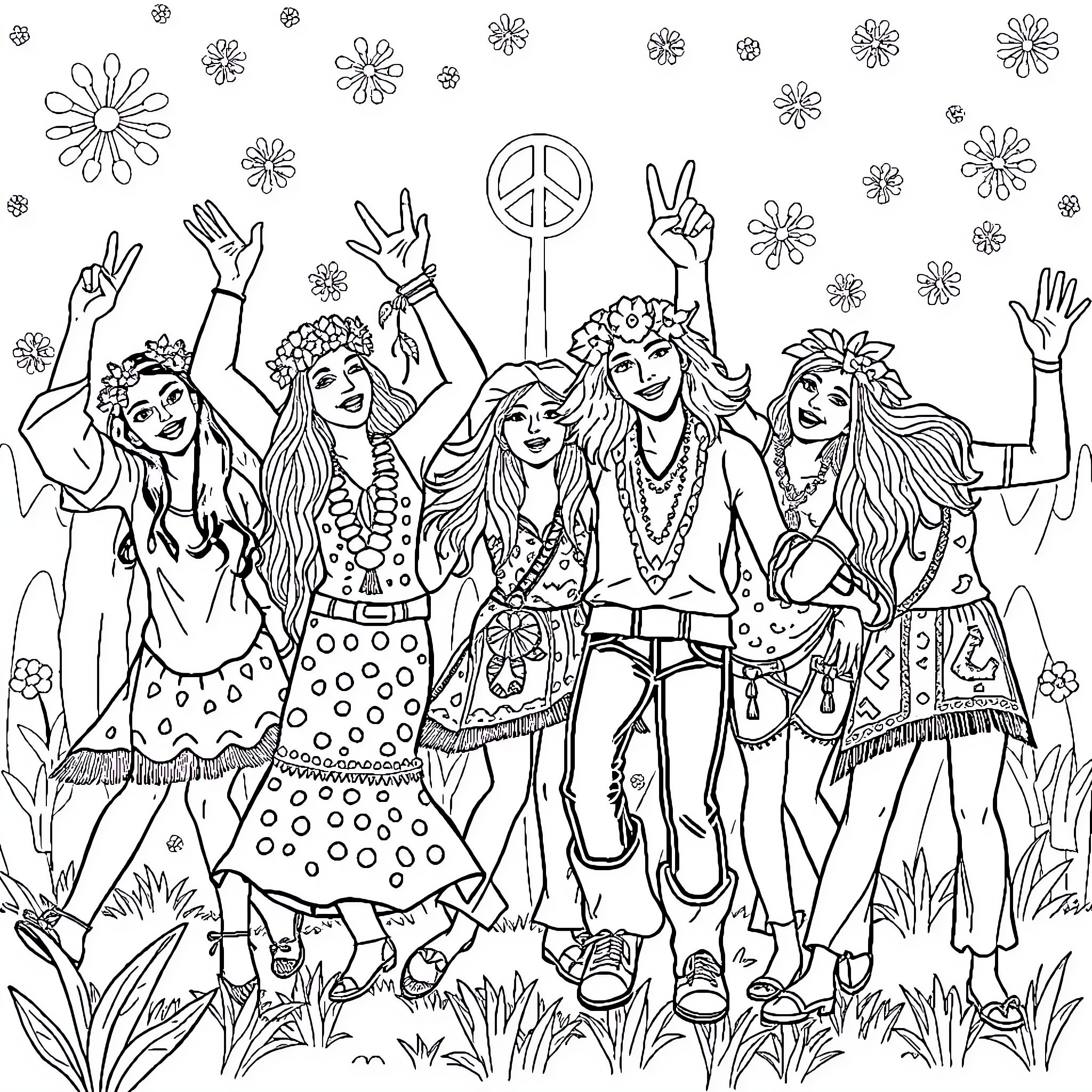 Flower People Celebrating Joyfully Coloring Page (free black-and-white line drawing printable PDF for all, from beginners to advanced learners, including children, teens, adults, and seniors)