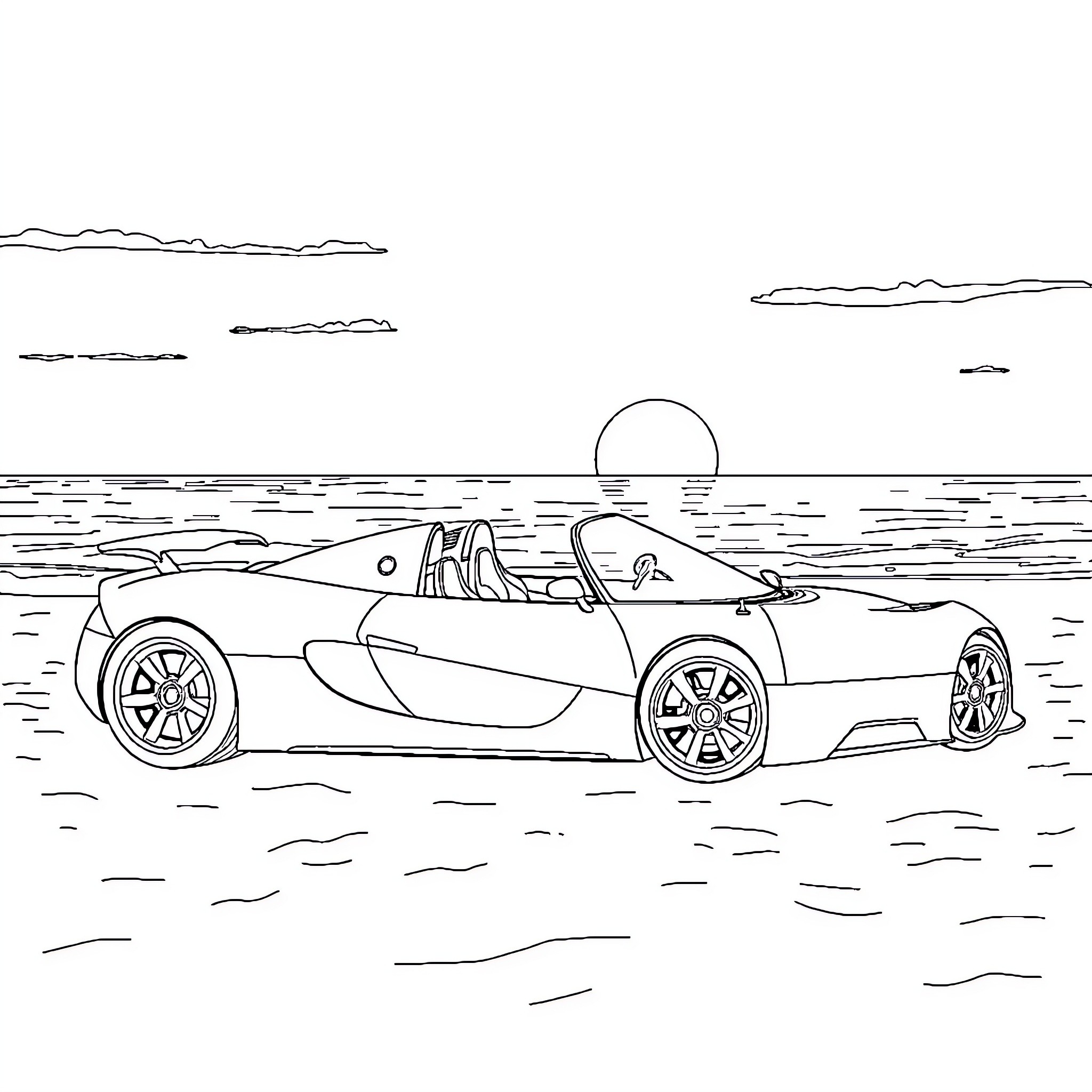 Königssegg sports car on the beach at sunset Coloring Page (free black-and-white line drawing printable PDF for all, from beginners to advanced learners, including children, teens, adults, and seniors)