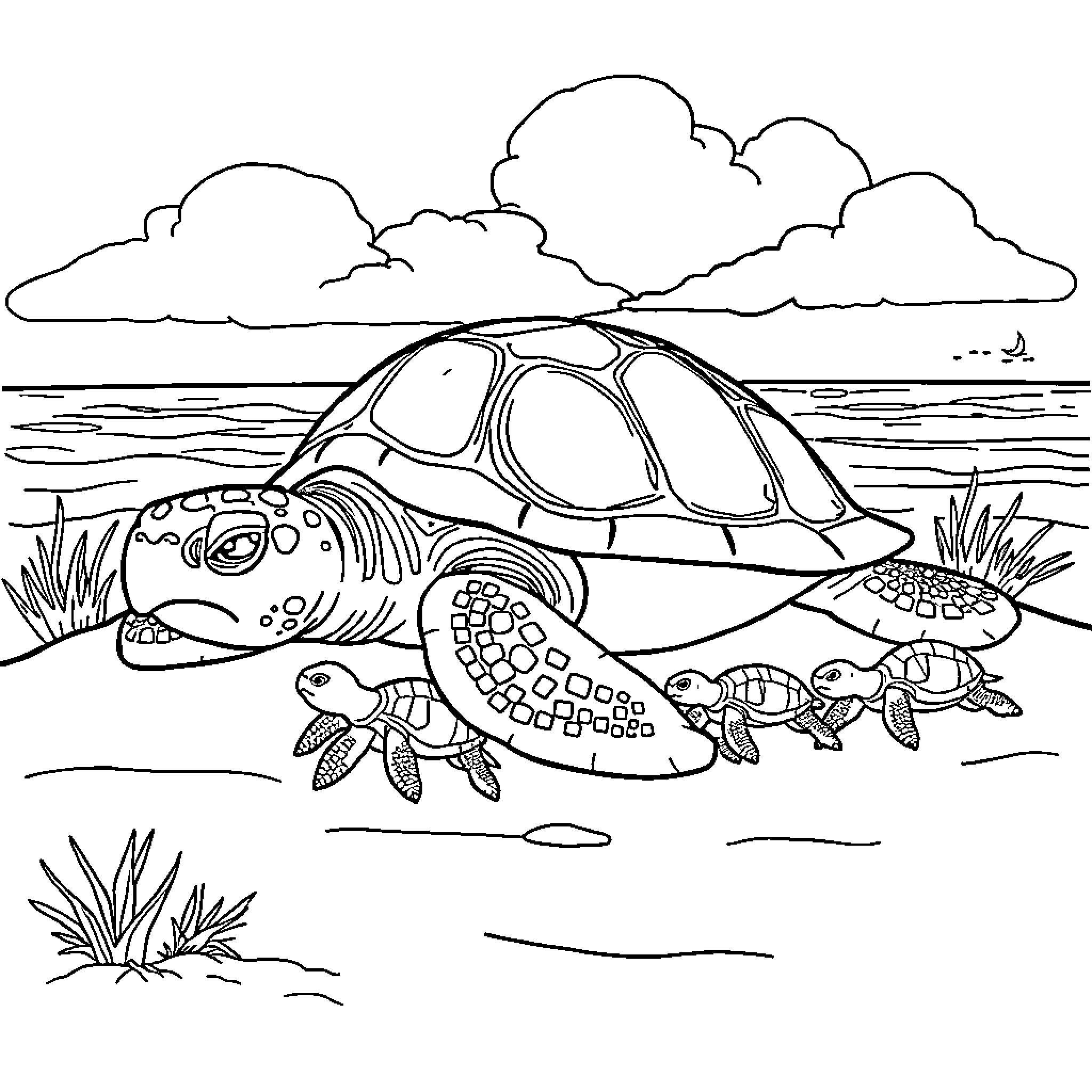 Turtle family enjoying a scenic landscape Coloring Page (free black-and-white line drawing printable PDF for all, from beginners to advanced learners, including children, teens, adults, and seniors)