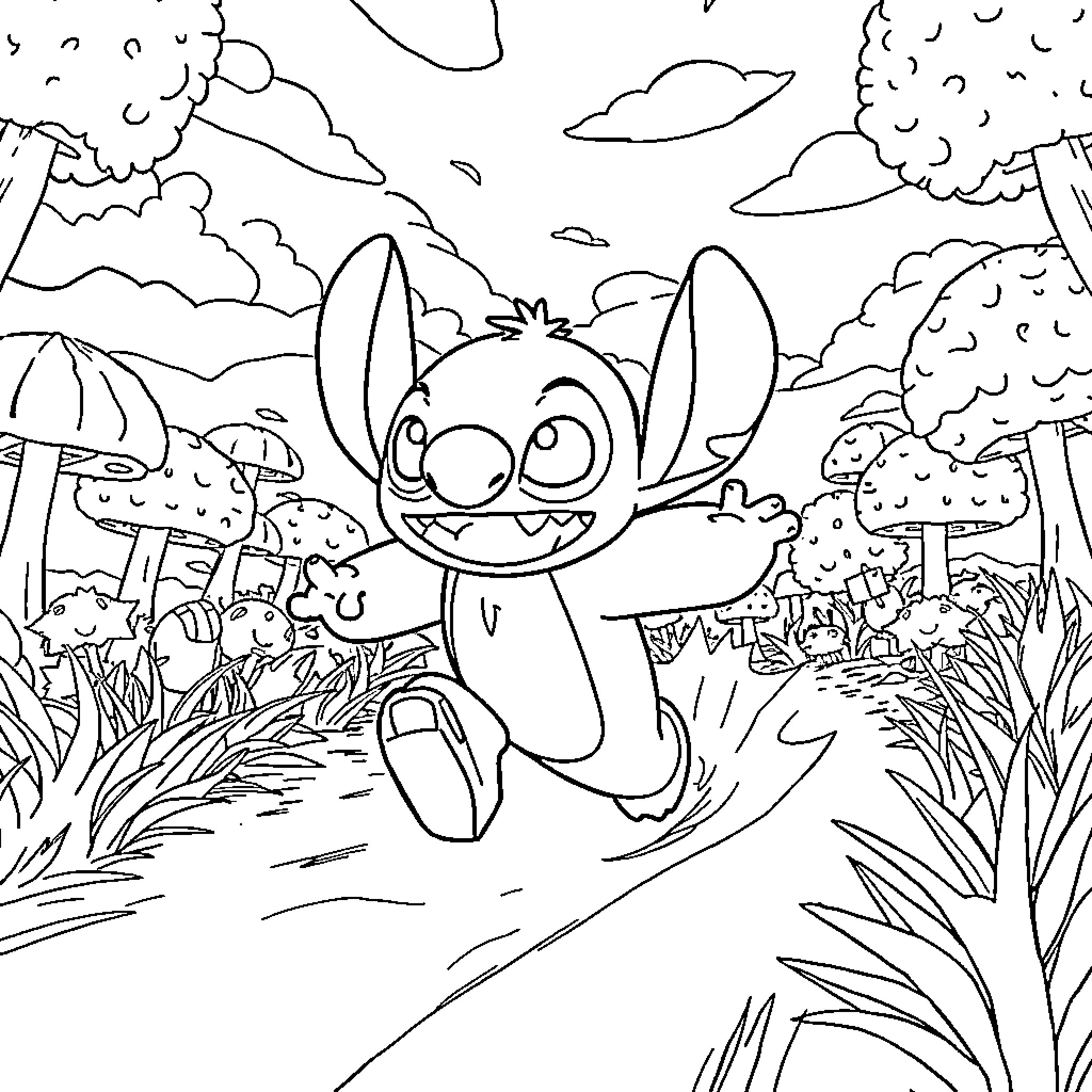 Stitch exploring the lush forest Coloring Page (free black-and-white line drawing printable PDF for all, from beginners to advanced learners, including children, teens, adults, and seniors)