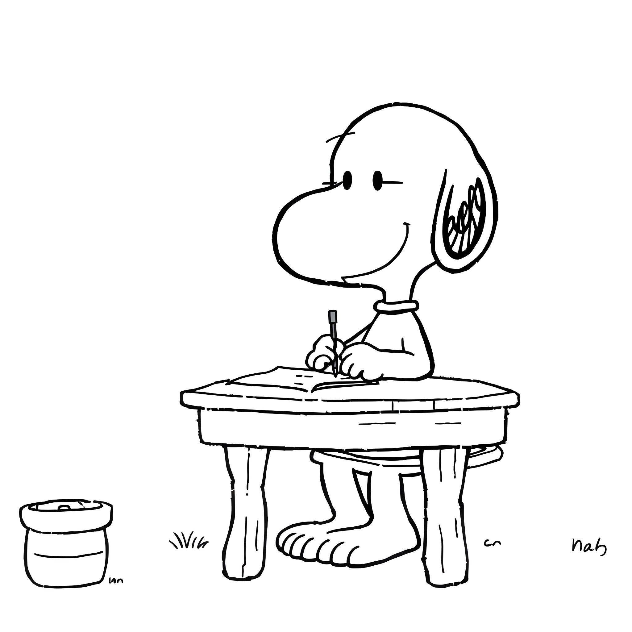 Snoopy sitting at a desk writing Coloring Page (free black-and-white line drawing printable PDF for all, from beginners to advanced learners, including children, teens, adults, and seniors)
