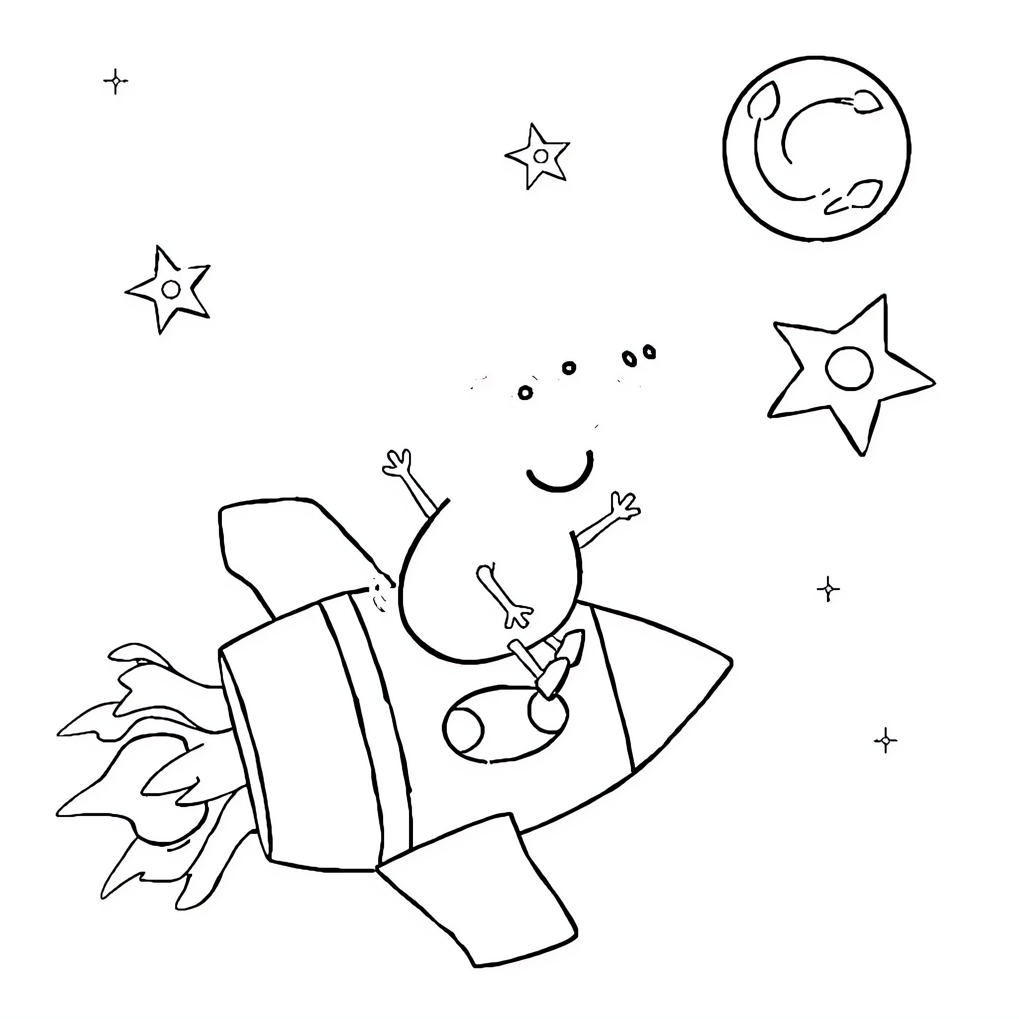 Papa Pig enjoying a rocket ship adventure Coloring Page (free black-and-white line drawing printable PDF for all, from beginners to advanced learners, including children, teens, adults, and seniors)