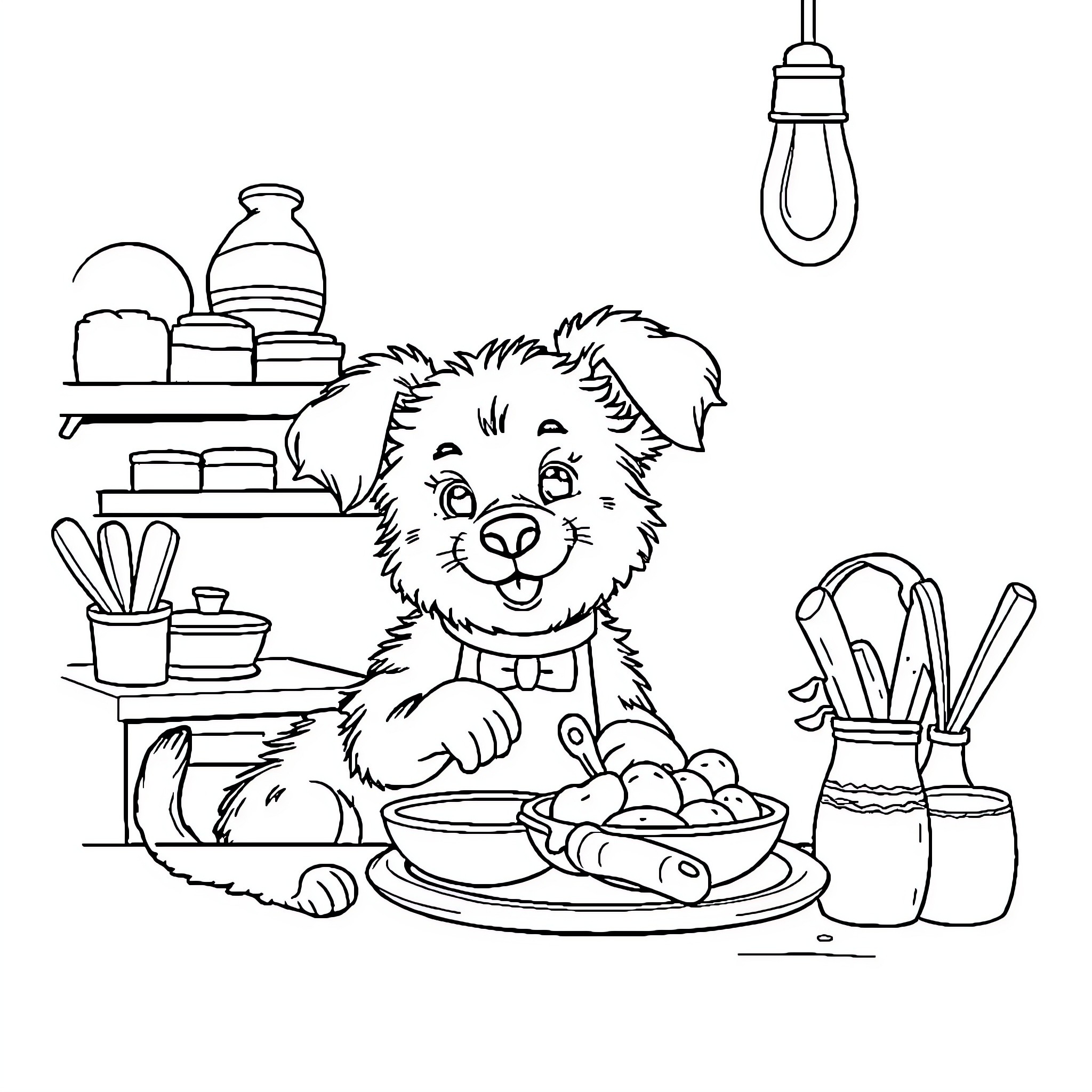 Dog enjoying a meal in the kitchen Coloring Page (free black-and-white line drawing printable PDF for all, from beginners to advanced learners, including children, teens, adults, and seniors)