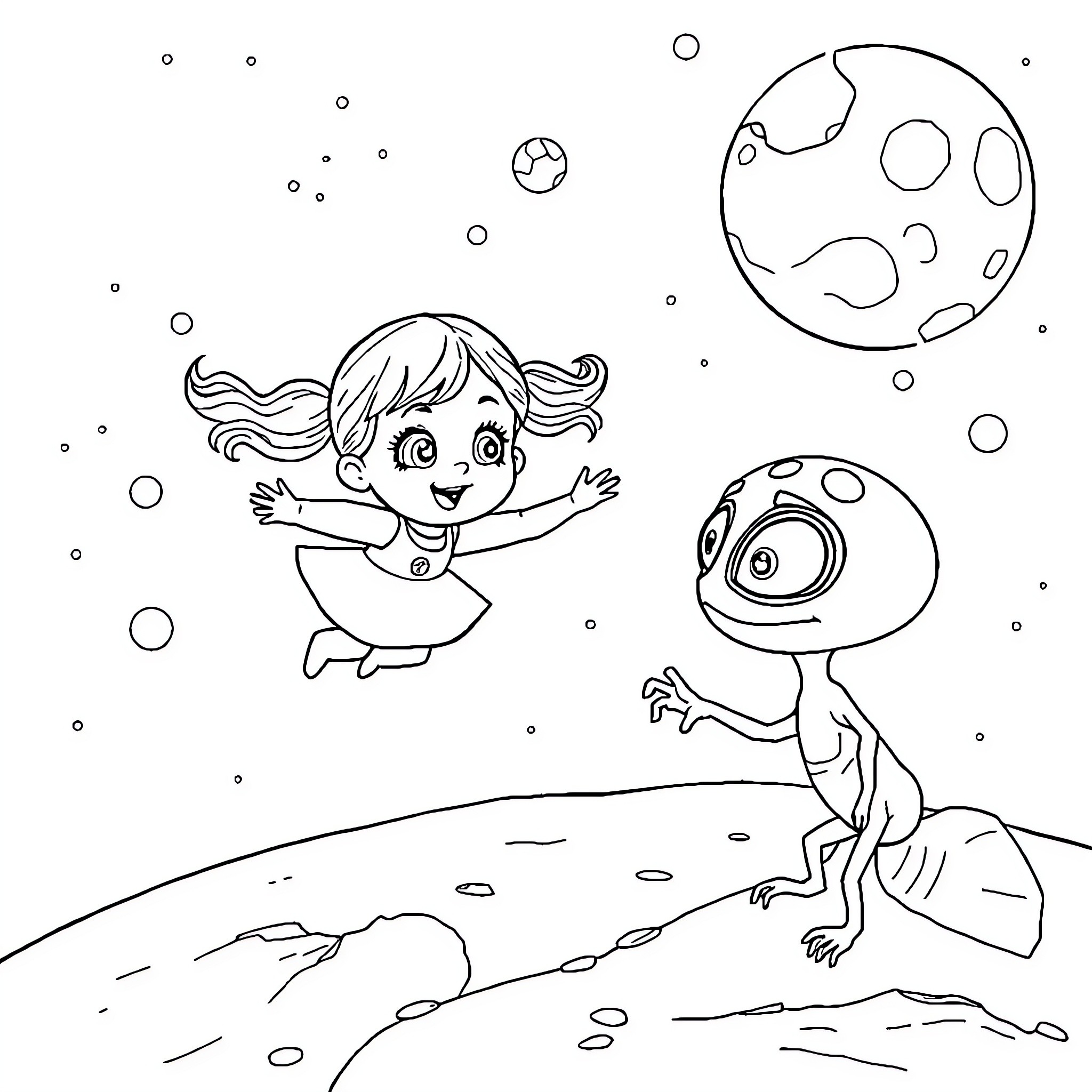 Girl exploring the alien landscape with a friendly creature Coloring Page (free black-and-white line drawing printable PDF for all, from beginners to advanced learners, including children, teens, adults, and seniors)