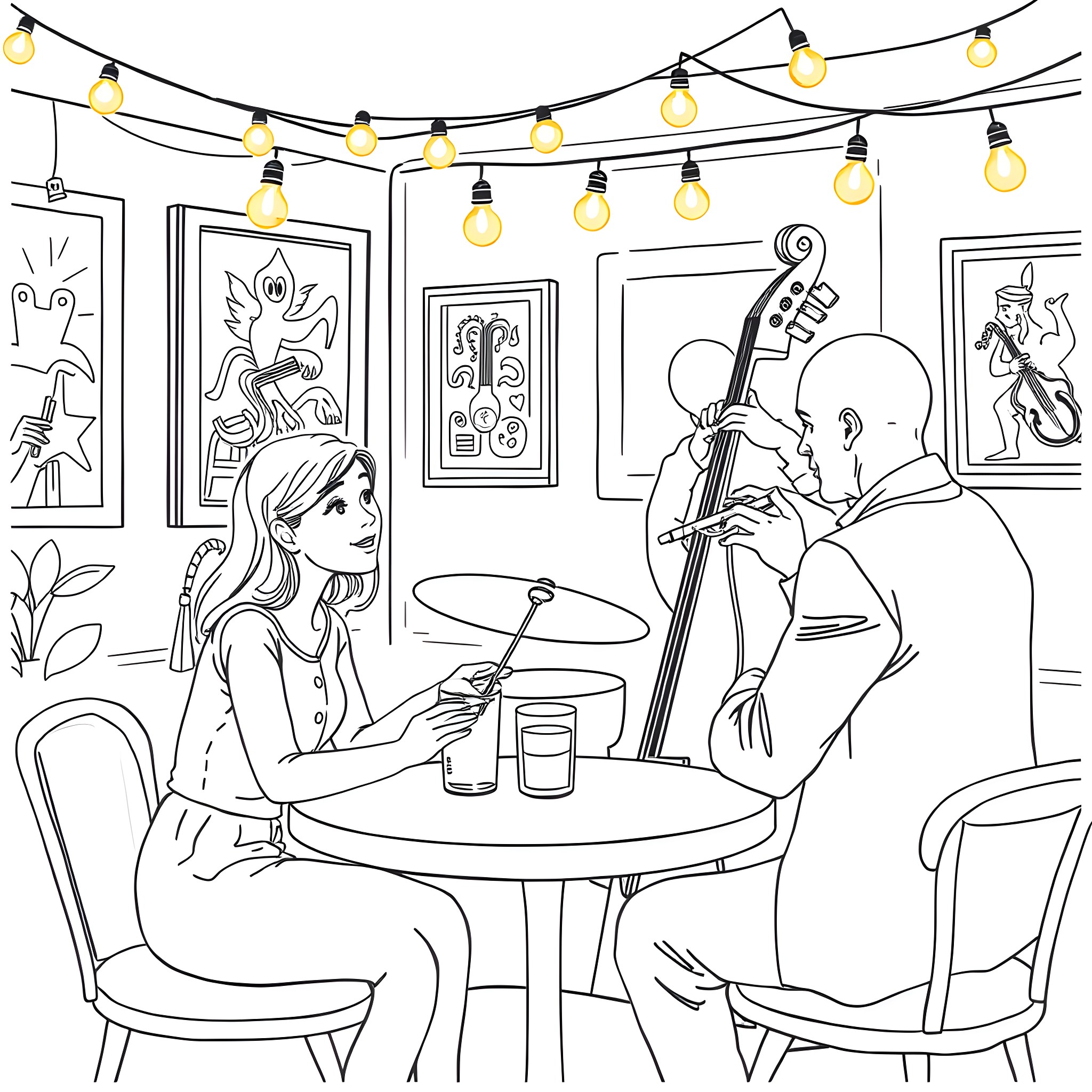 Cafe Duo enjoying live music performance Coloring Page (free black-and-white line drawing printable PDF for all, from beginners to advanced learners, including children, teens, adults, and seniors)
