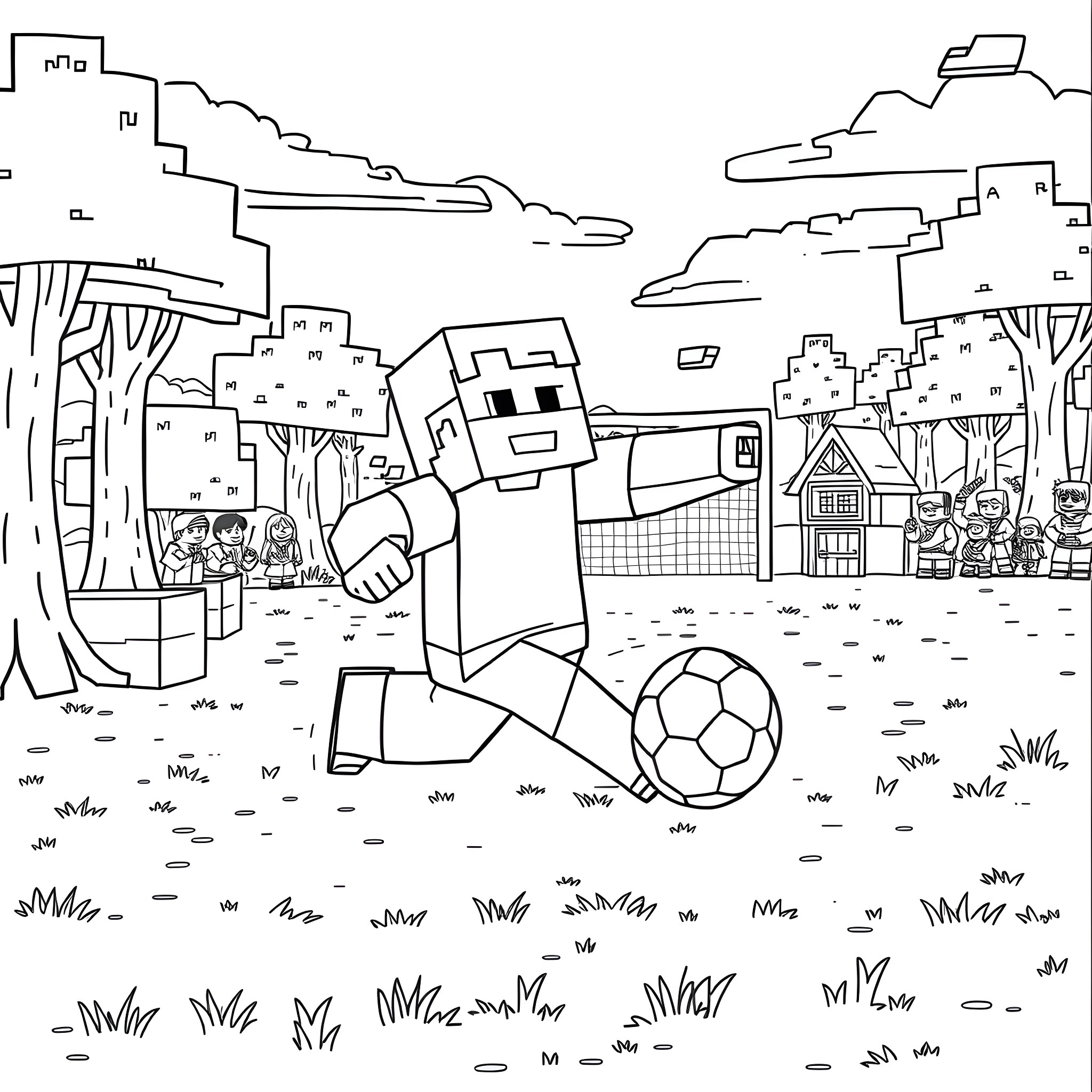 Minecraft Steve playing soccer in a village Coloring Page (free black-and-white line drawing printable PDF for all, from beginners to advanced learners, including children, teens, adults, and seniors)