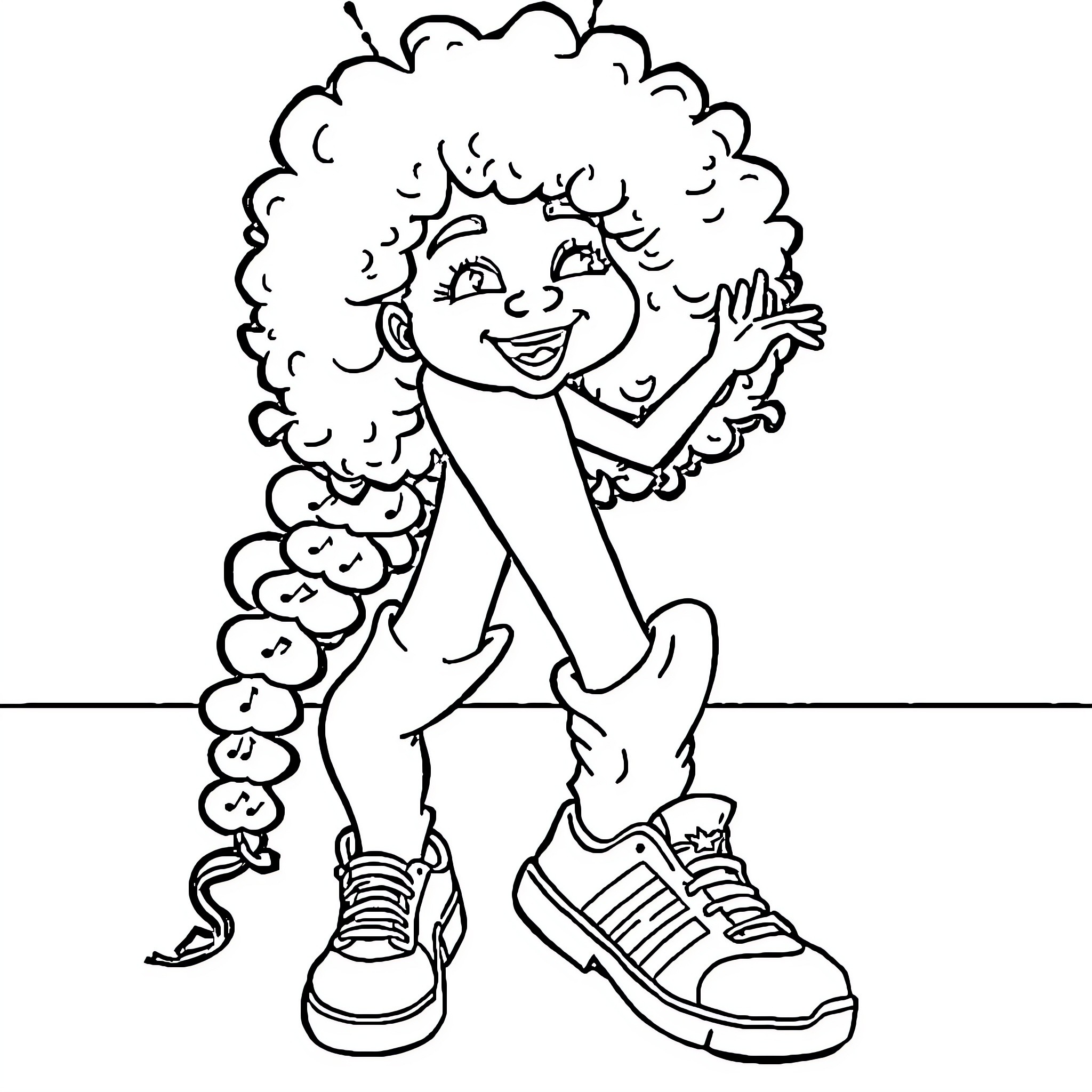 Tralalero Joyful Child with Curly Hair Coloring Page (free black-and-white line drawing printable PDF for all, from beginners to advanced learners, including children, teens, adults, and seniors)