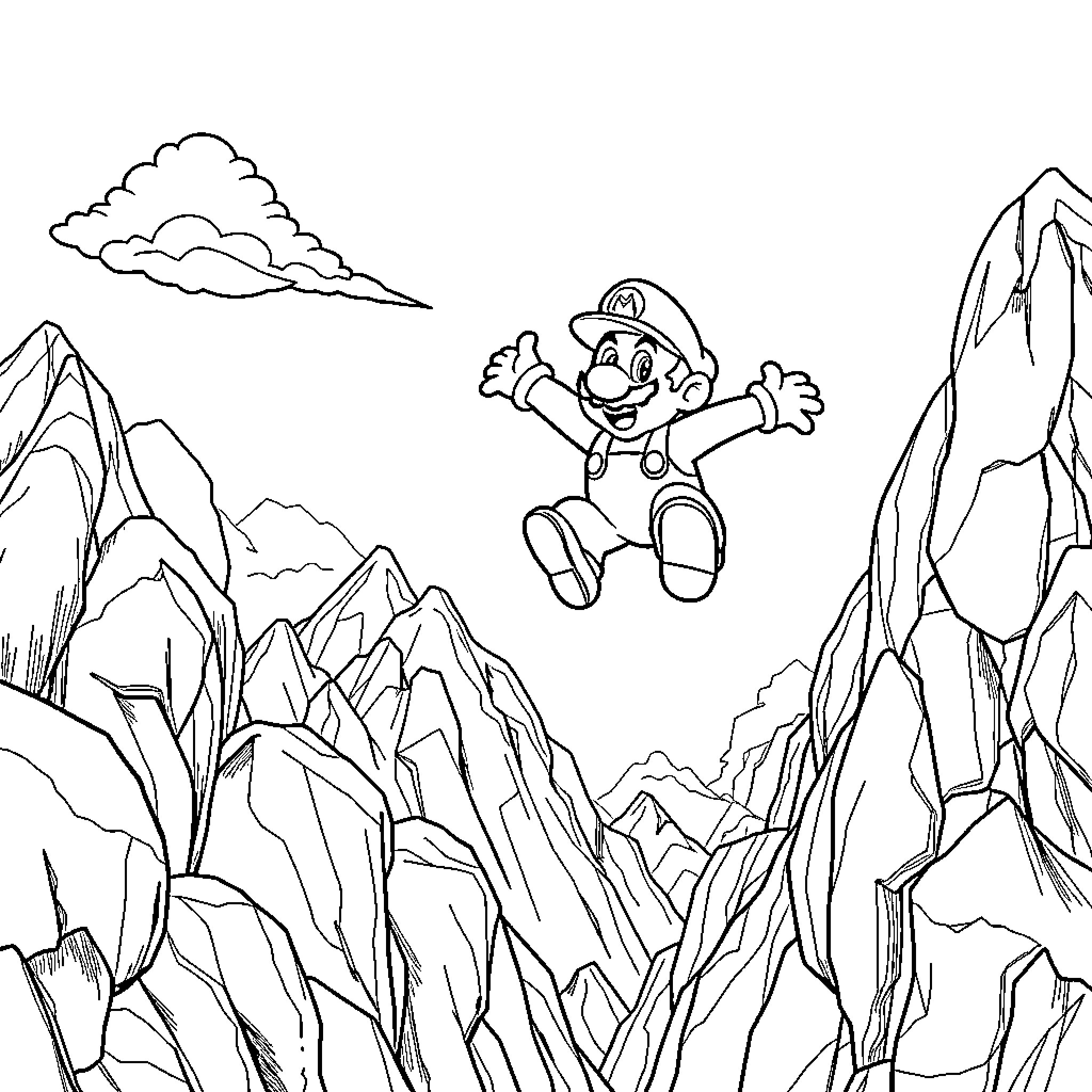 Super Mario jumping excitedly in the mountains Coloring Page (free black-and-white line drawing printable PDF for all, from beginners to advanced learners, including children, teens, adults, and seniors)