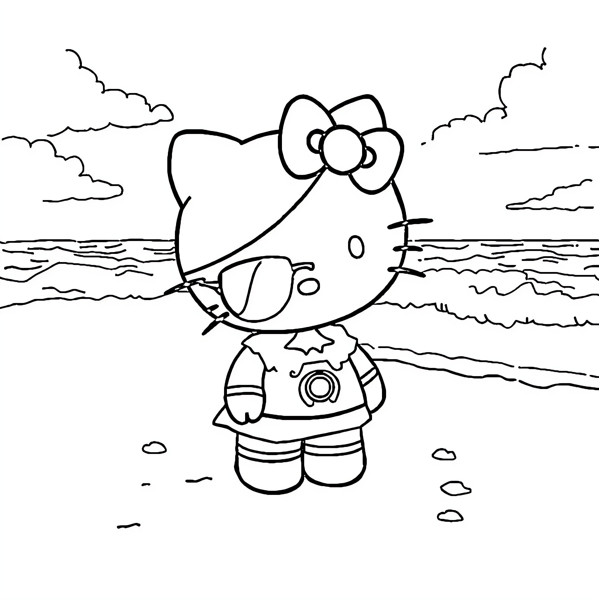 Hello Kitty exploring the beach Coloring Page (free black-and-white line drawing printable PDF for all, from beginners to advanced learners, including children, teens, adults, and seniors)