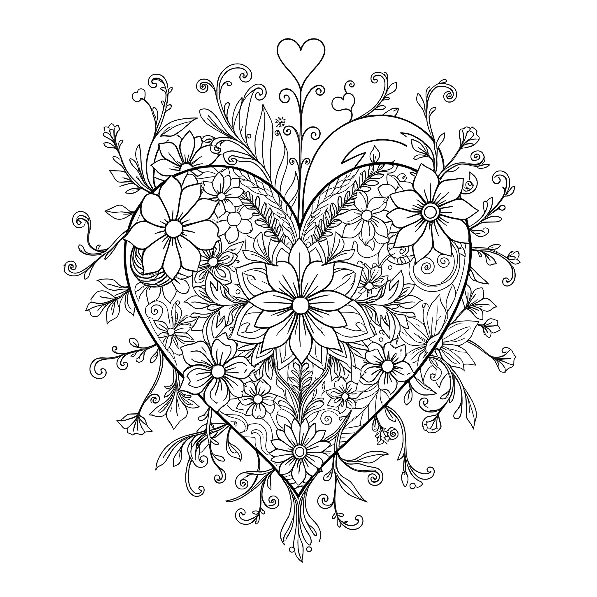 Heart-shaped floral bouquet with intricate details Coloring Page (free black-and-white line drawing printable PDF for all, from beginners to advanced learners, including children, teens, adults, and seniors)