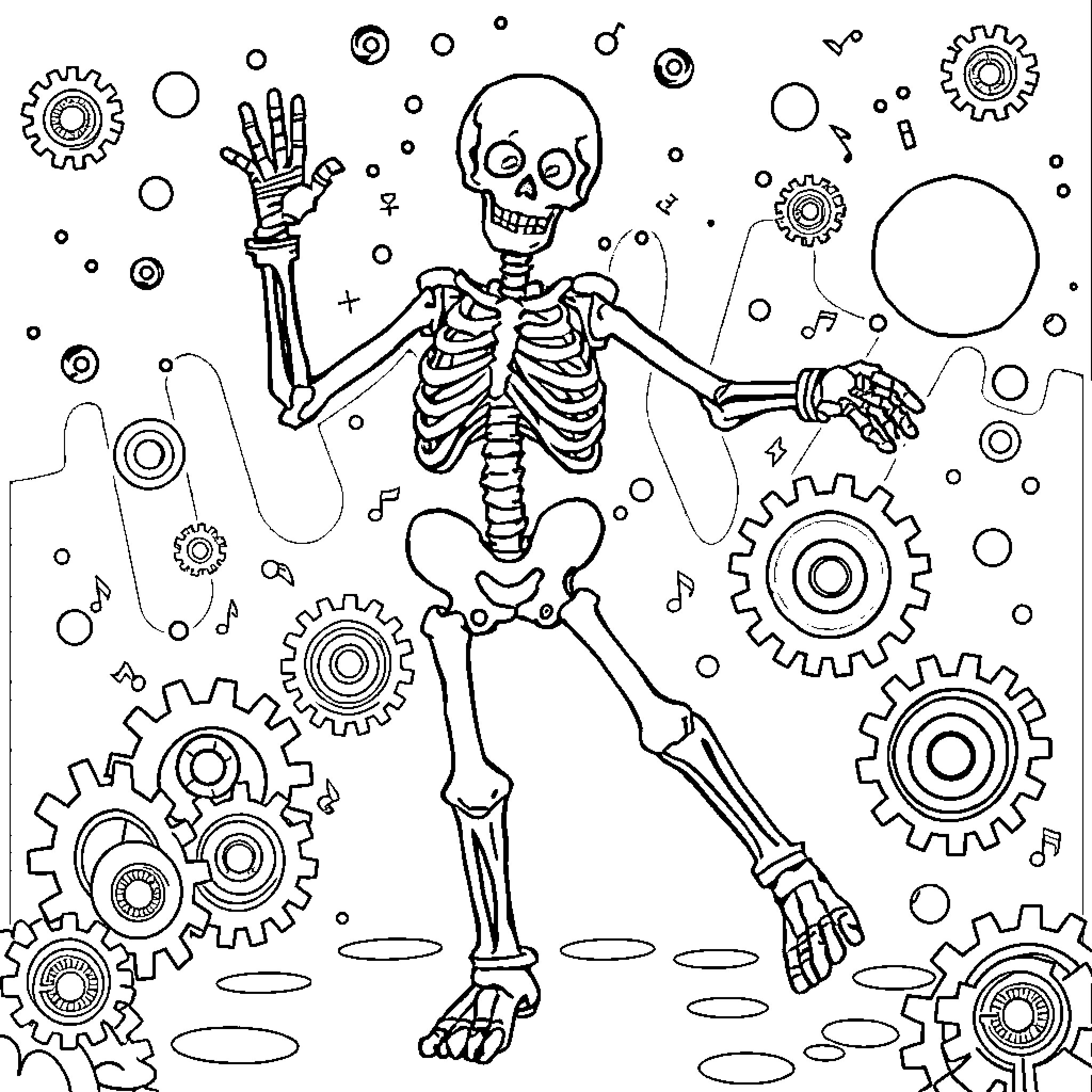 Skeleton dancing and playing among mechanical gears Coloring Page (free black-and-white line drawing printable PDF for all, from beginners to advanced learners, including children, teens, adults, and seniors)