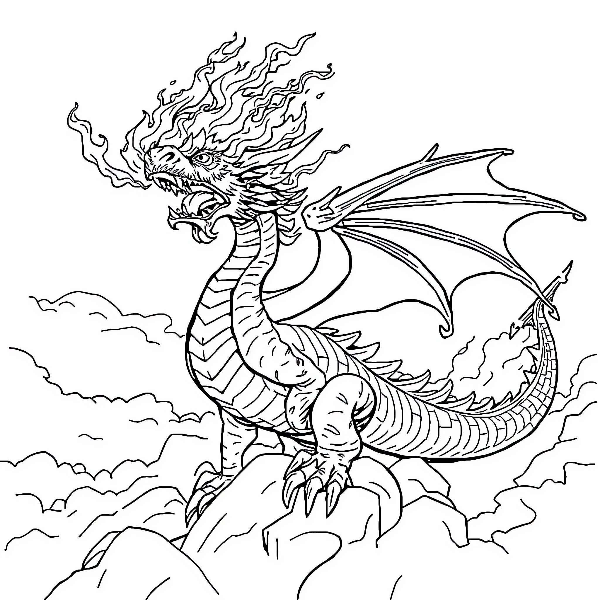 Fire Dragon breathing fire on a mountain Coloring Page (free black-and-white line drawing printable PDF for all, from beginners to advanced learners, including children, teens, adults, and seniors)