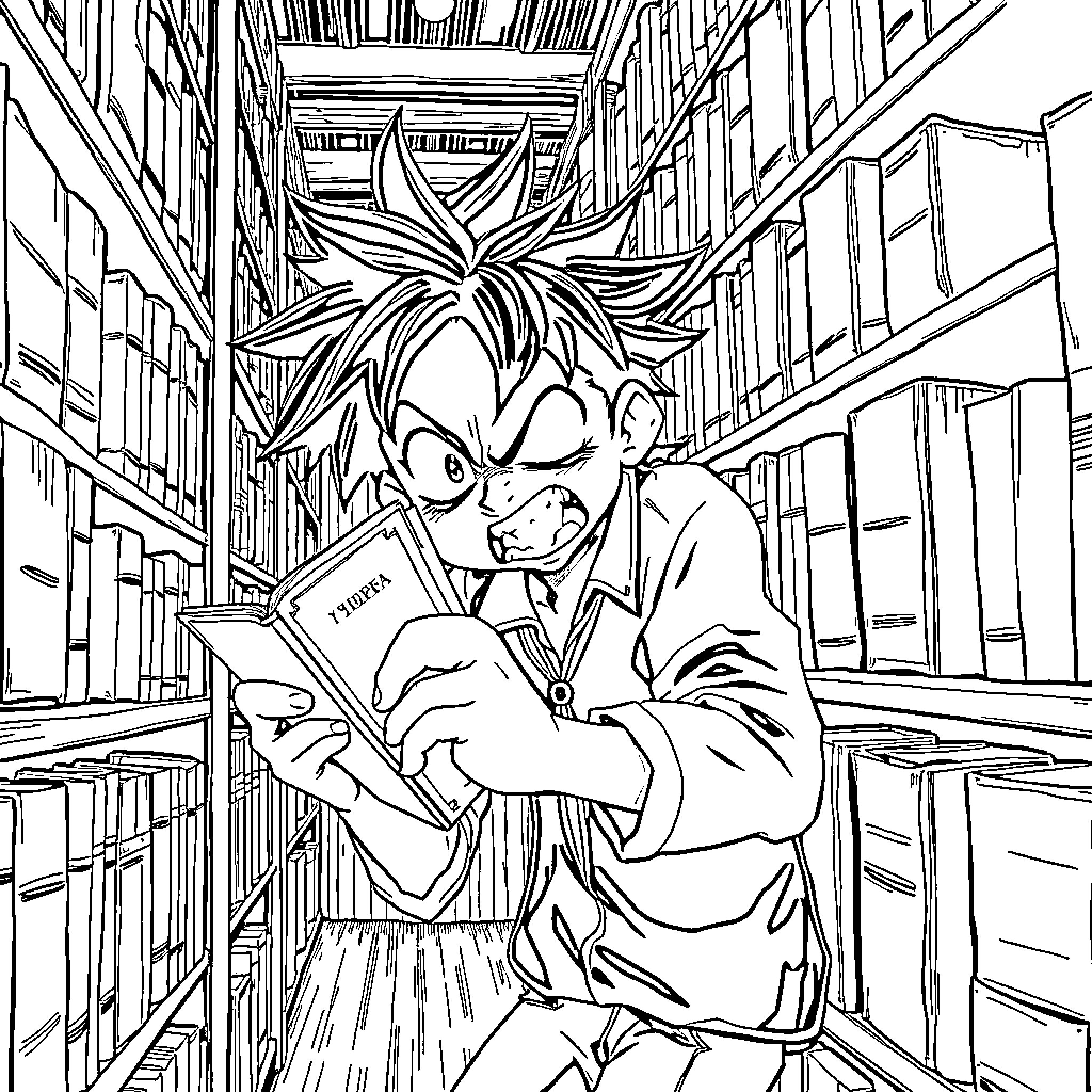 Inosuke reading intently in the library Coloring Page (free black-and-white line drawing printable PDF for all, from beginners to advanced learners, including children, teens, adults, and seniors)