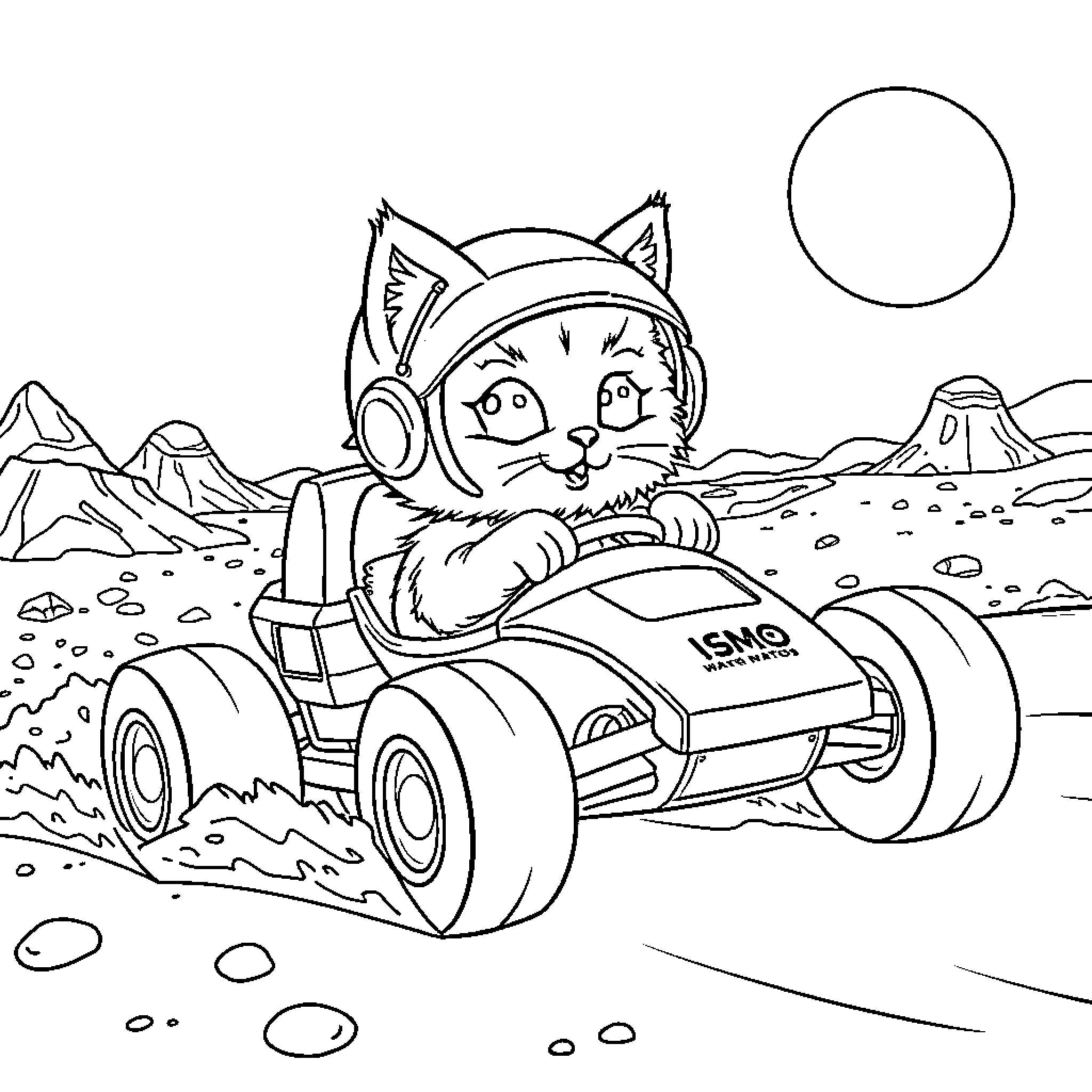 Cat riding an off-road vehicle through a desert landscape Coloring Page (free black-and-white line drawing printable PDF for all, from beginners to advanced learners, including children, teens, adults, and seniors)