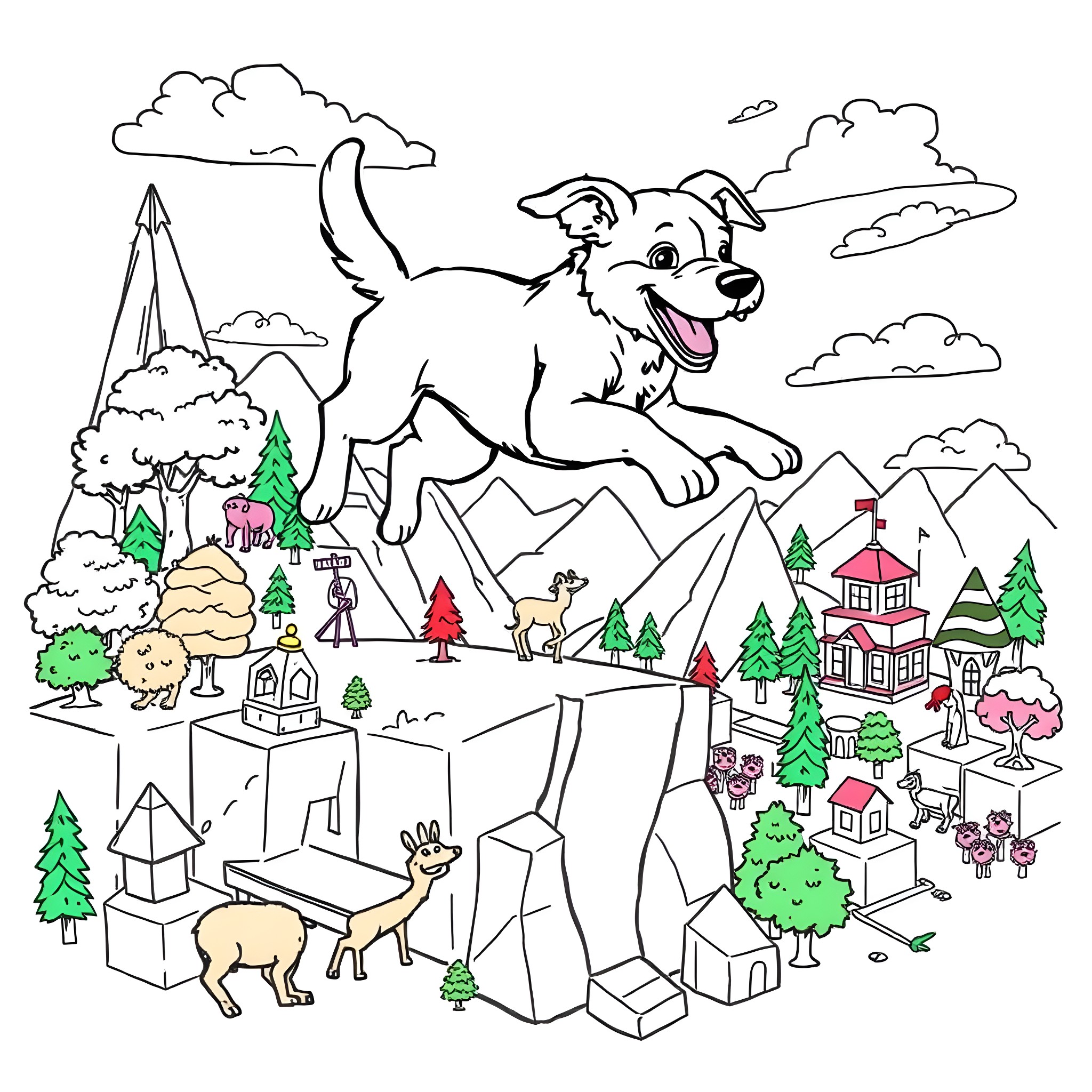 Dog playing joyfully in a whimsical mountain landscape Coloring Page (free black-and-white line drawing printable PDF for all, from beginners to advanced learners, including children, teens, adults, and seniors)