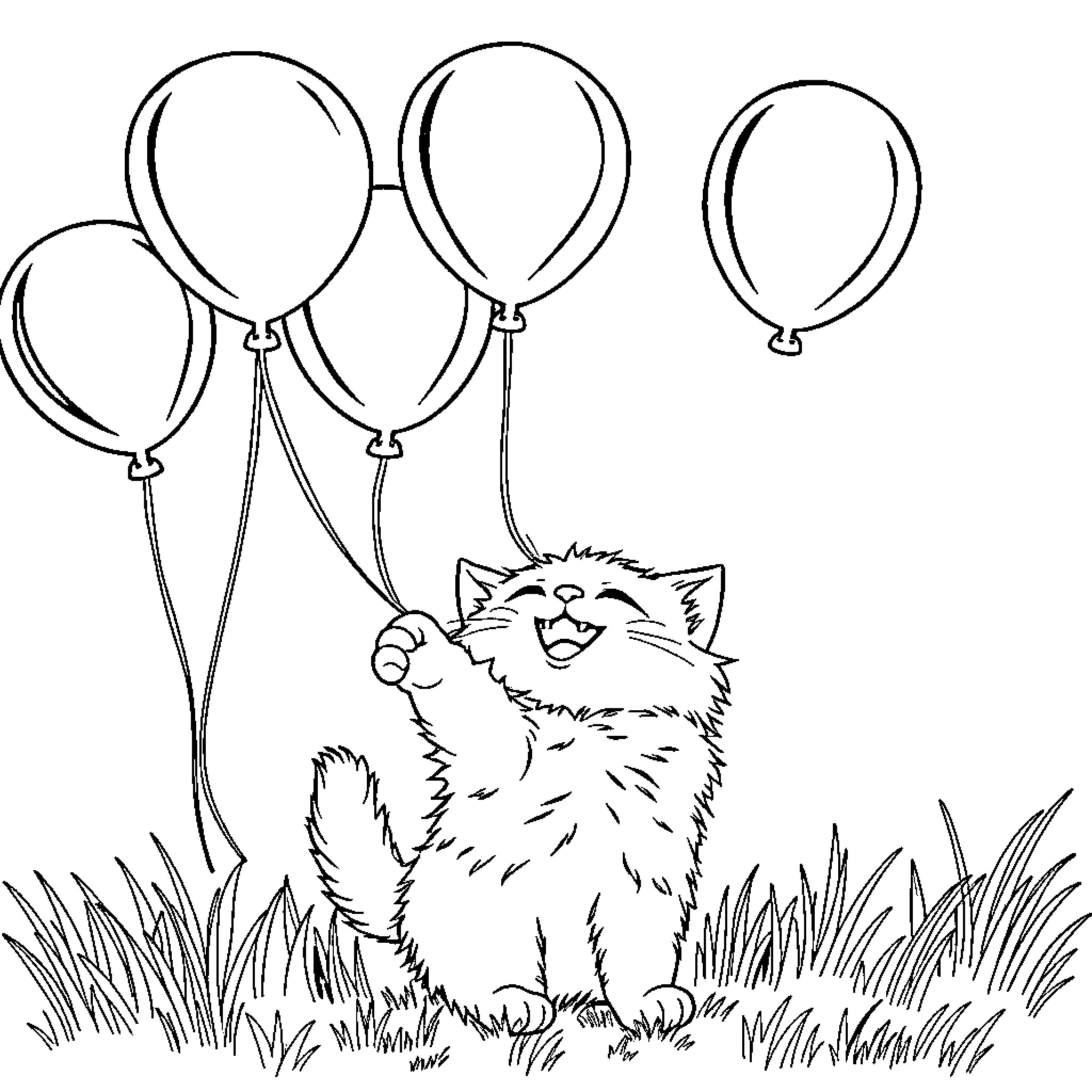 Kitten playing with balloons in the grass Coloring Page (free black-and-white line drawing printable PDF for all, from beginners to advanced learners, including children, teens, adults, and seniors)