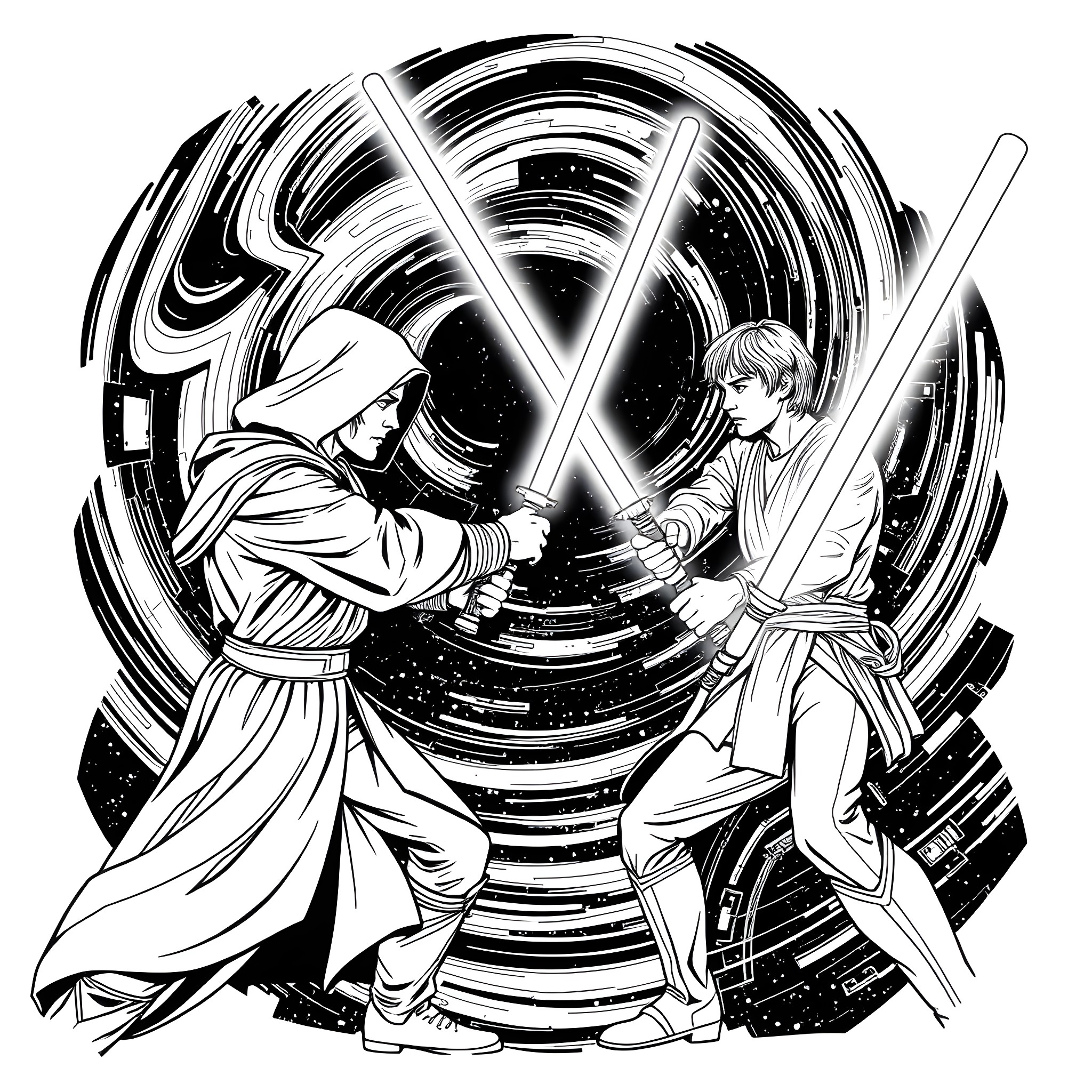 Skywalker Lightsaber Duel in Space Coloring Page (free black-and-white line drawing printable PDF for all, from beginners to advanced learners, including children, teens, adults, and seniors)