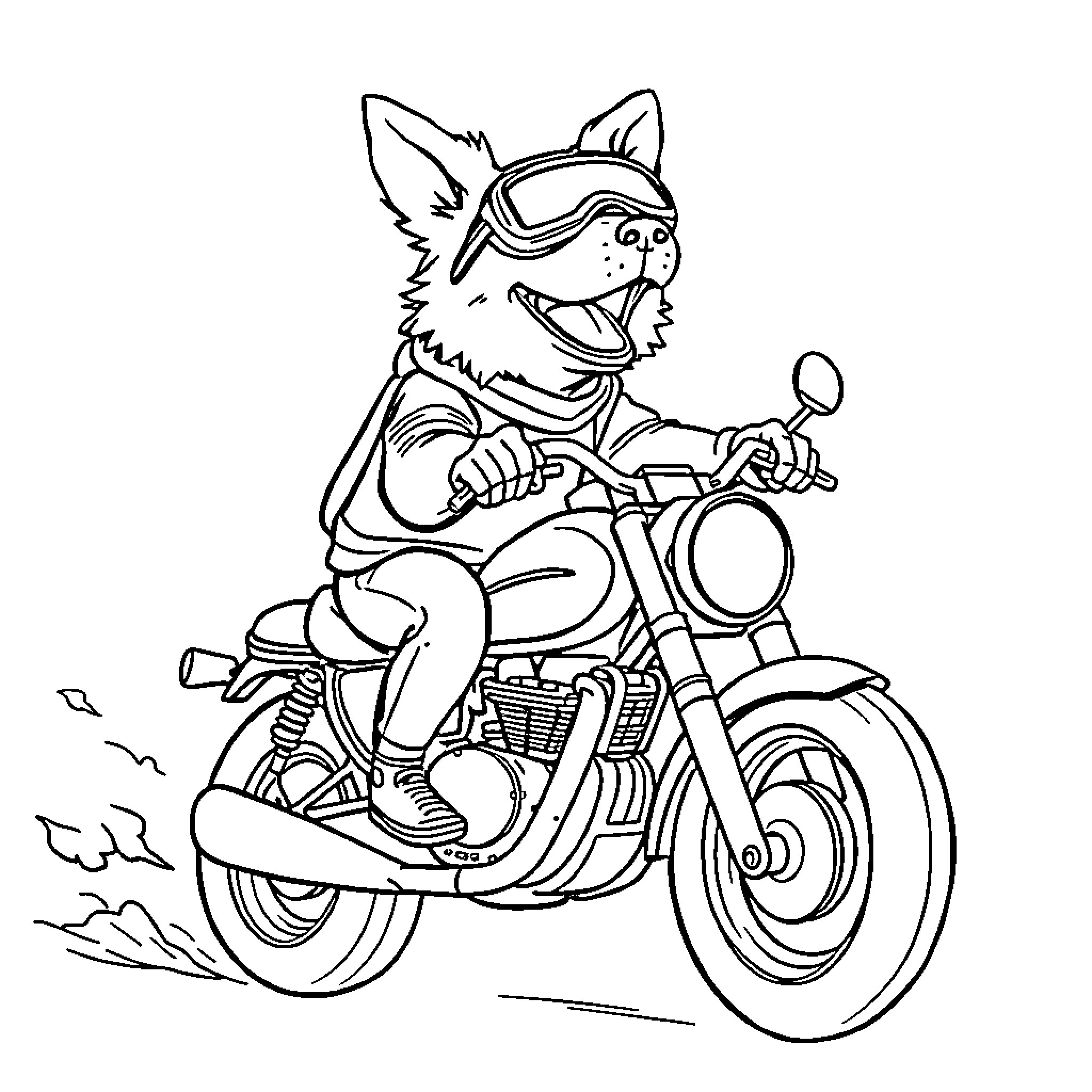 Dog riding motorcycle on the road Coloring Page (free black-and-white line drawing printable PDF for all, from beginners to advanced learners, including children, teens, adults, and seniors)