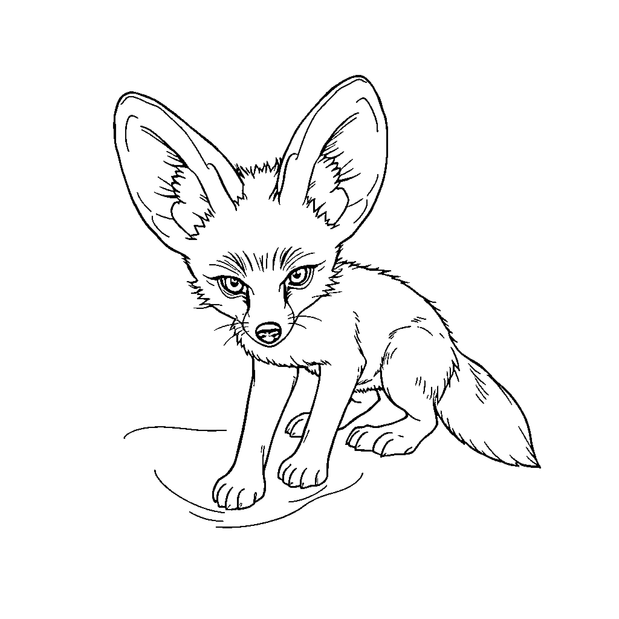 Fennec Fox sitting alert and curious Coloring Page (free black-and-white line drawing printable PDF for all, from beginners to advanced learners, including children, teens, adults, and seniors)