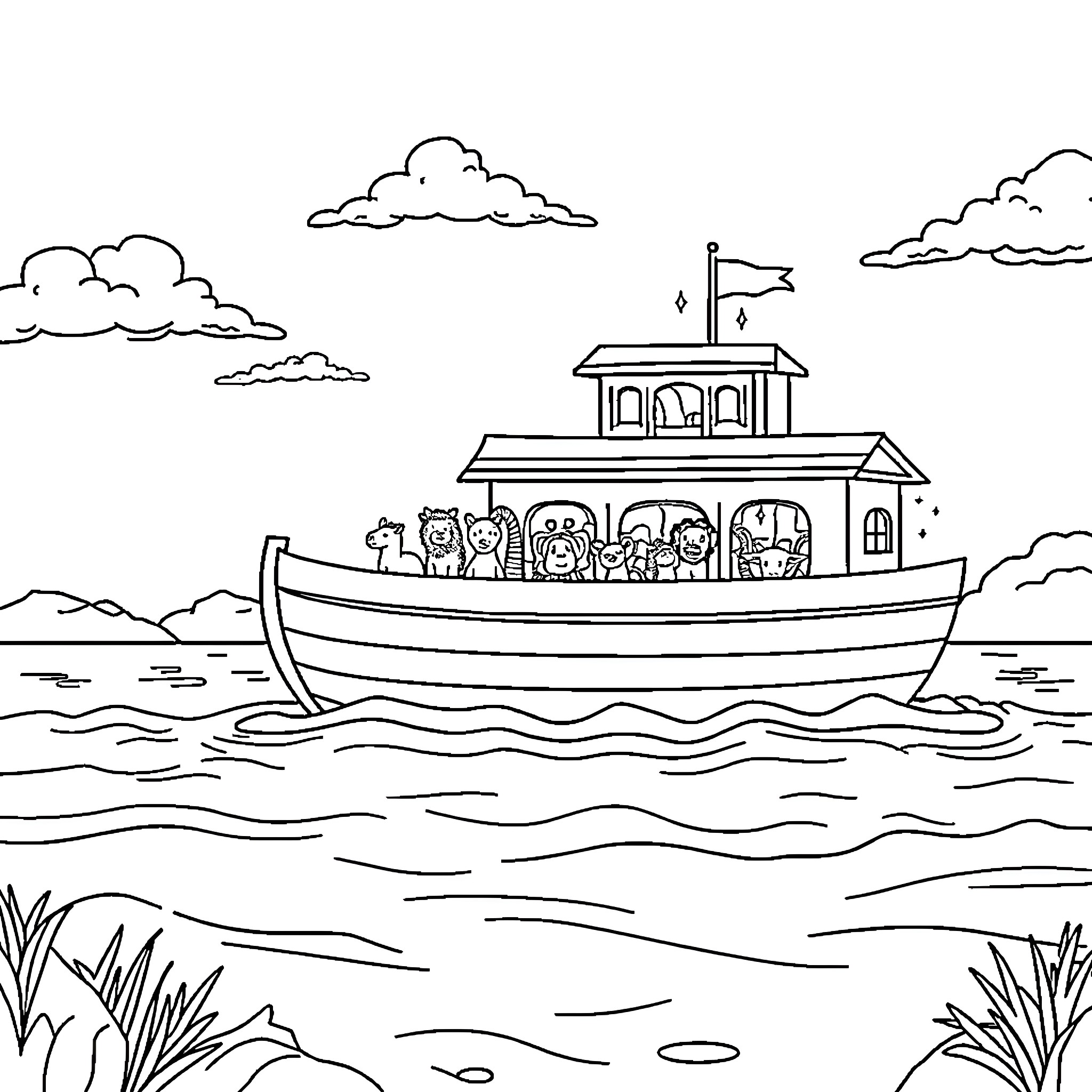 Noah's Ark Carrying Animals across the Stormy Sea Coloring Page (free black-and-white line drawing printable PDF for all, from beginners to advanced learners, including children, teens, adults, and seniors)