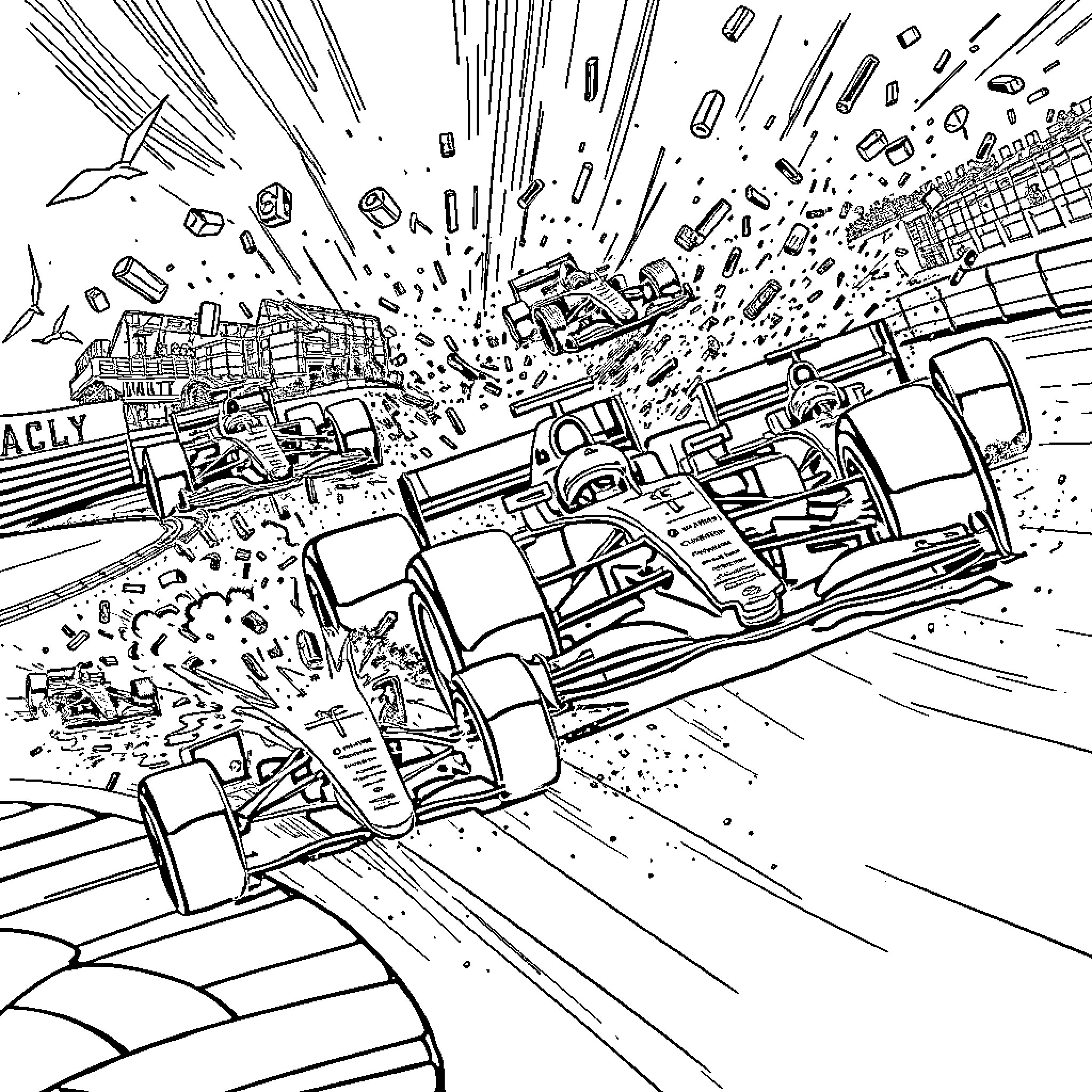 F1 Racing Chaos on the Track Coloring Page (free black-and-white line drawing printable PDF for all, from beginners to advanced learners, including children, teens, adults, and seniors)