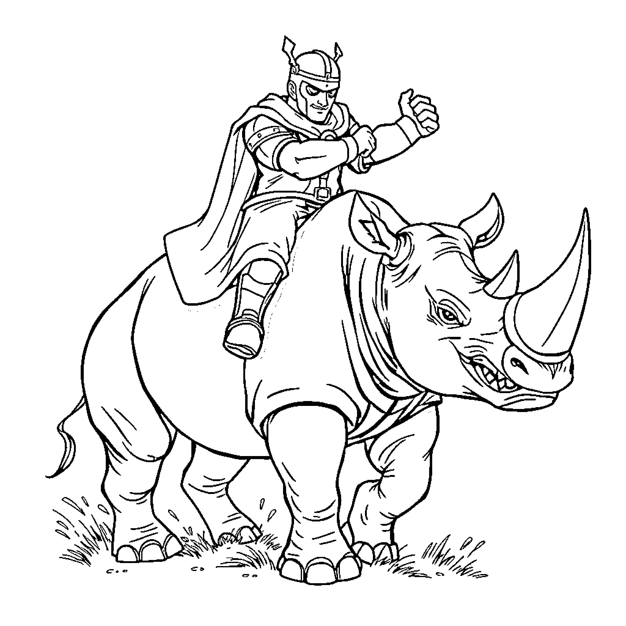 Silver Surfer riding a powerful rhinoceros Coloring Page (free black-and-white line drawing printable PDF for all, from beginners to advanced learners, including children, teens, adults, and seniors)