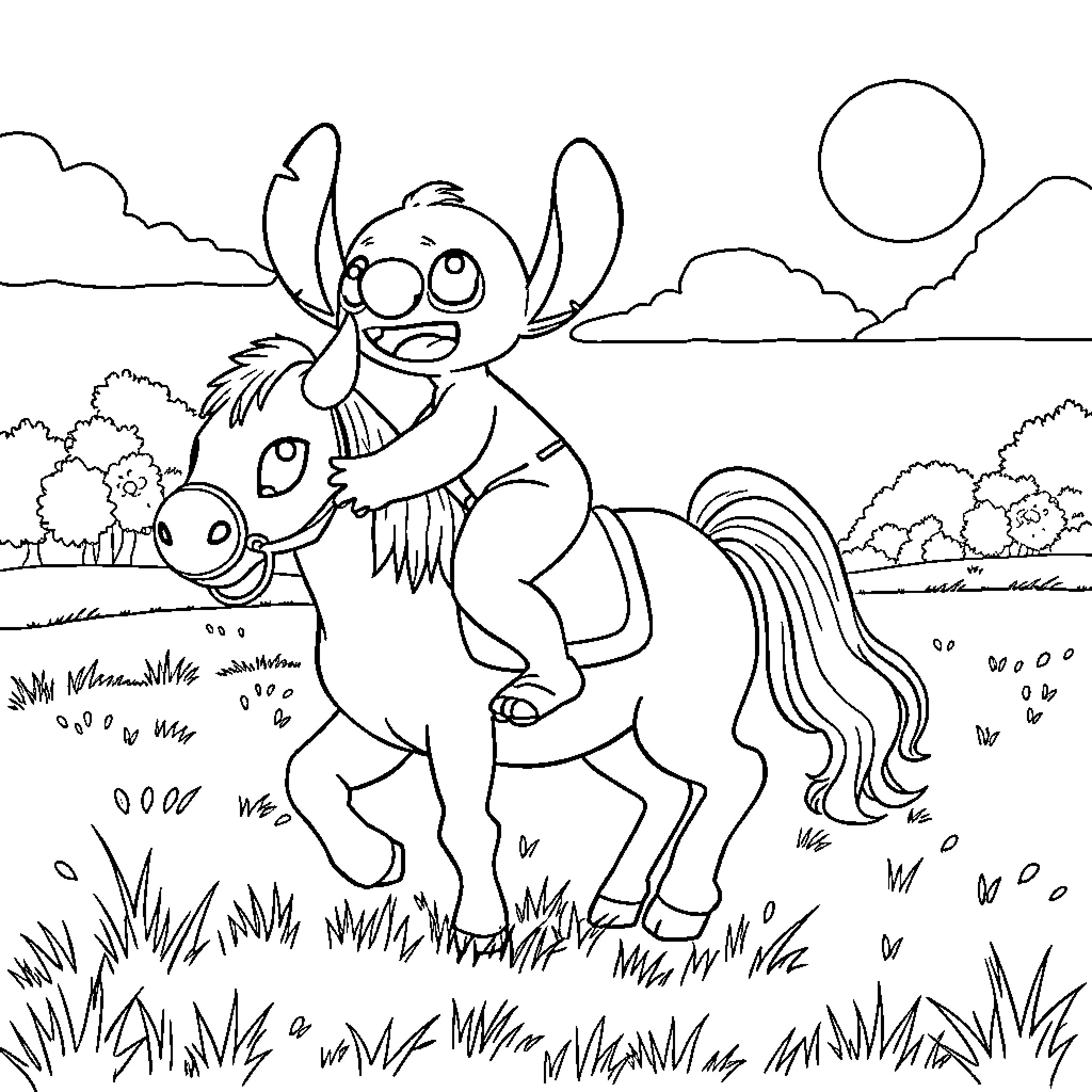 Stitch riding a whimsical horse through a countryside landscape Coloring Page (free black-and-white line drawing printable PDF for all, from beginners to advanced learners, including children, teens, adults, and seniors)
