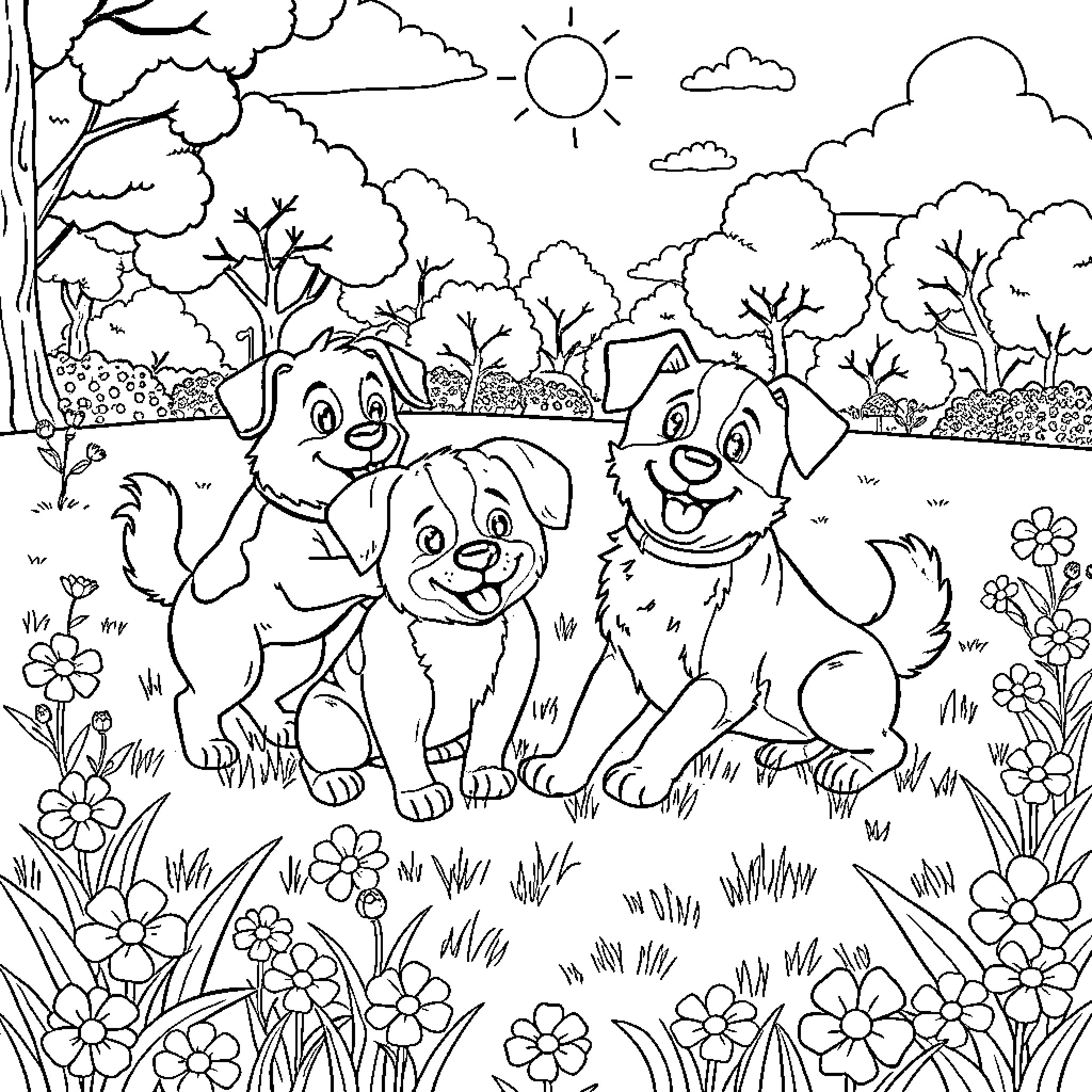 Dogs playing happily in the sunny forest Coloring Page (free black-and-white line drawing printable PDF for all, from beginners to advanced learners, including children, teens, adults, and seniors)