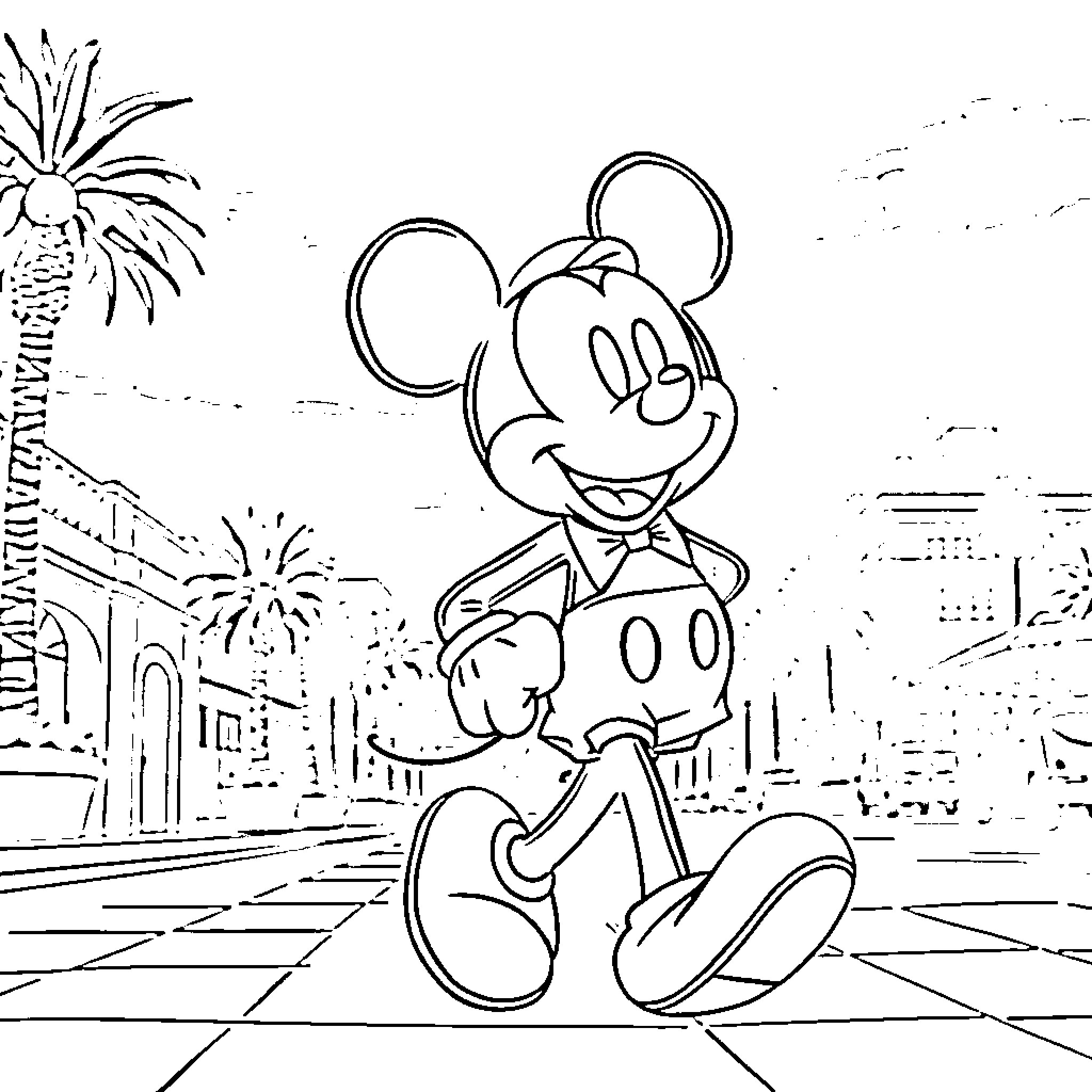 Mickey Mouse enjoying the fireworks display Coloring Page (free black-and-white line drawing printable PDF for all, from beginners to advanced learners, including children, teens, adults, and seniors)