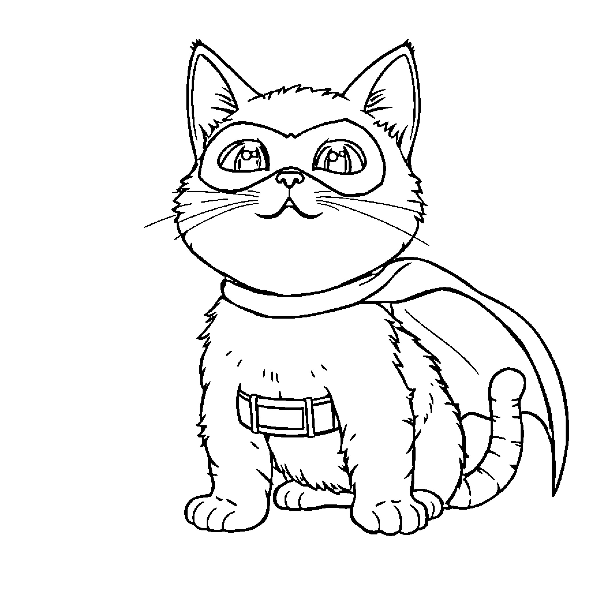 Cat in Superhero Outfit Coloring Page (free black-and-white line drawing printable PDF for all, from beginners to advanced learners, including children, teens, adults, and seniors)
