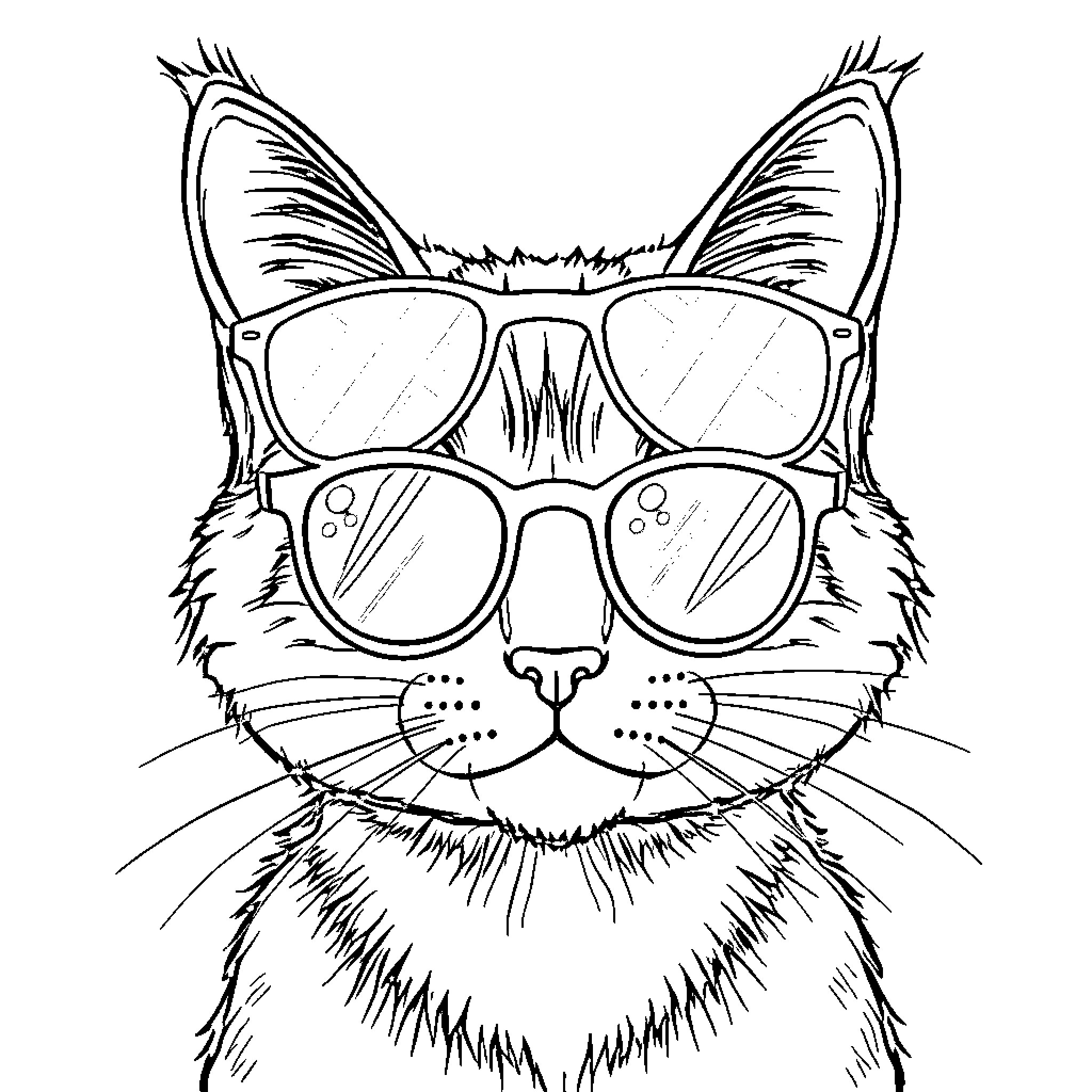 Cat wearing stylish glasses Coloring Page (free black-and-white line drawing printable PDF for all, from beginners to advanced learners, including children, teens, adults, and seniors)