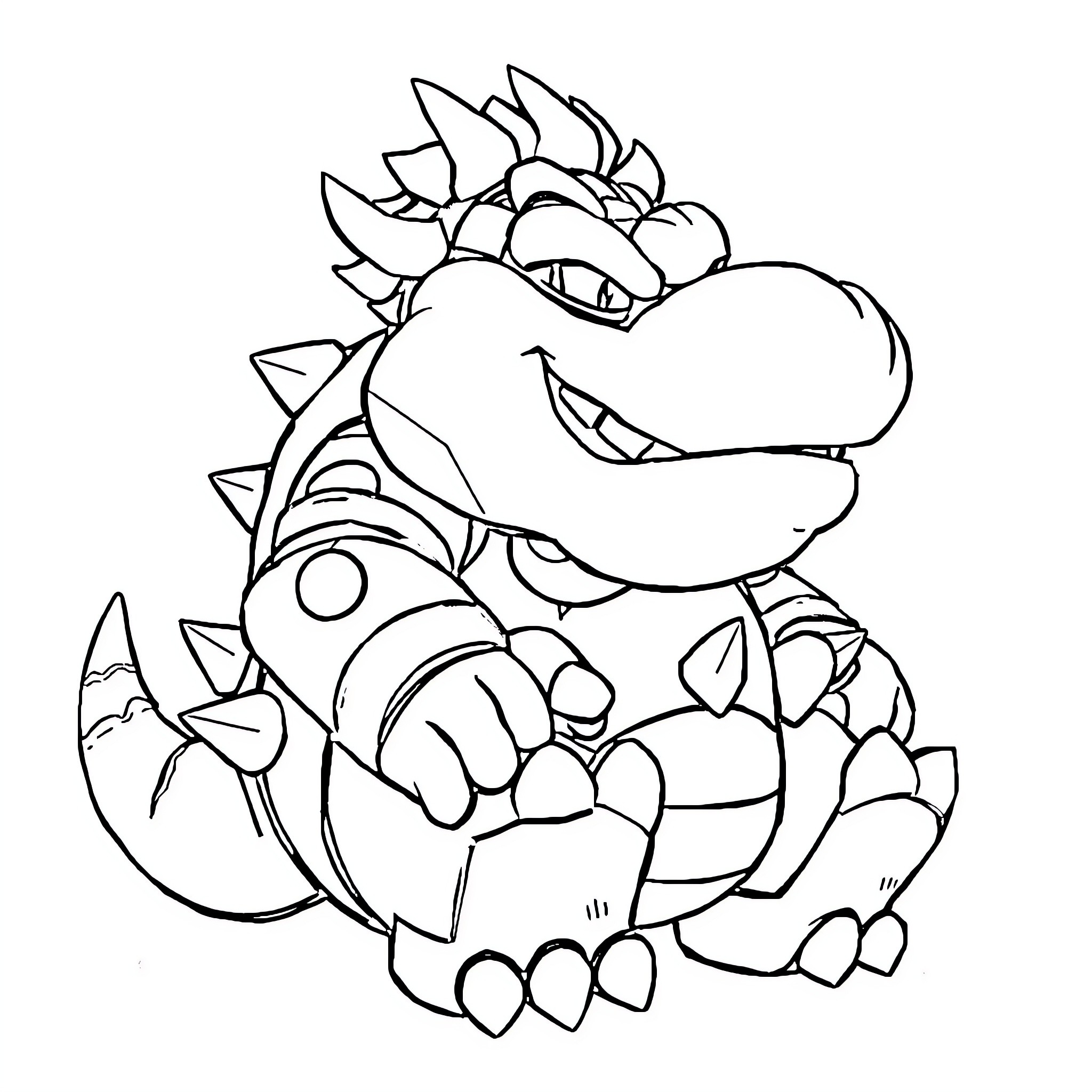 Robot Bowser grinning mischievously Coloring Page (free black-and-white line drawing printable PDF for all, from beginners to advanced learners, including children, teens, adults, and seniors)