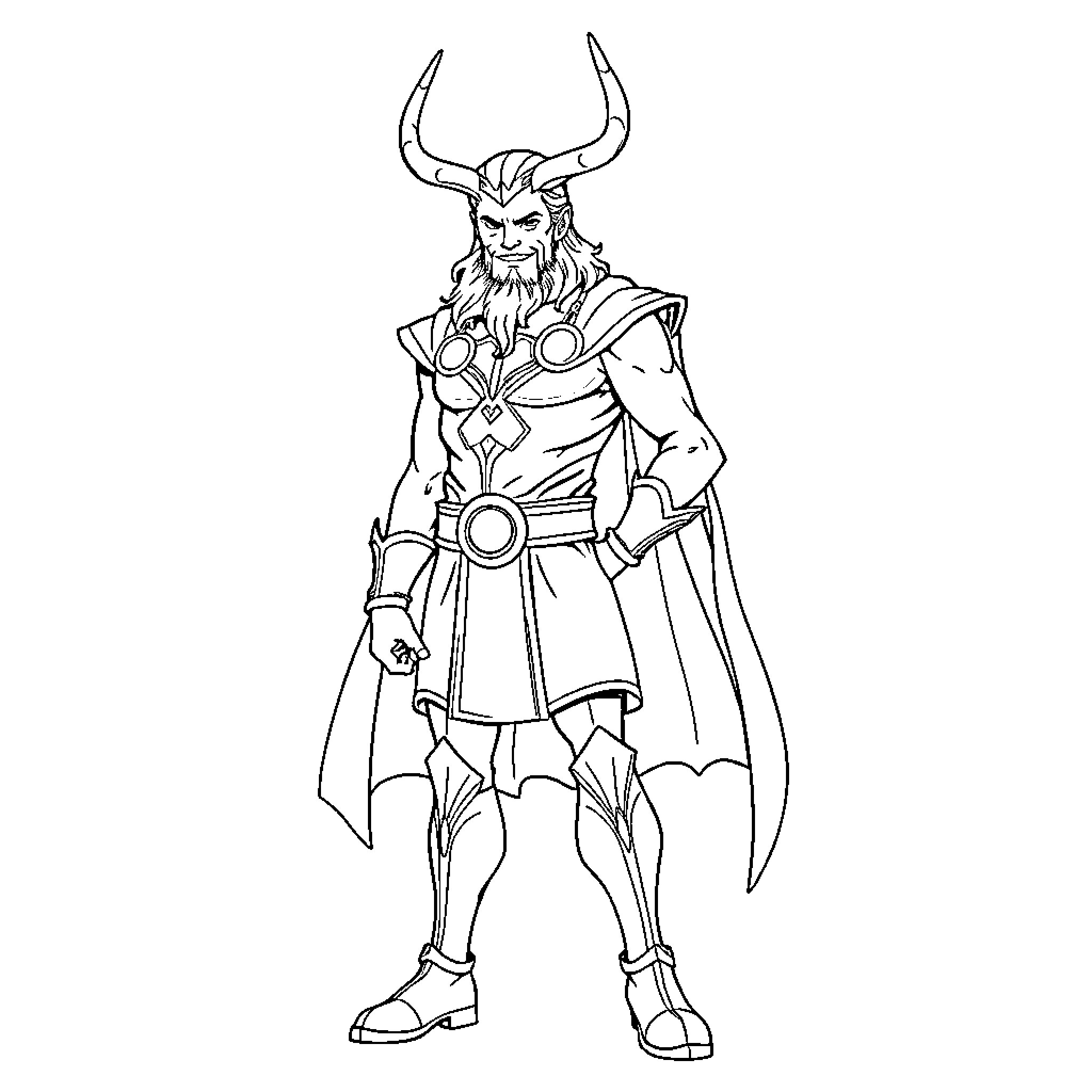 Loki in Warrior Attire with Horned Helmet Coloring Page (free black-and-white line drawing printable PDF for all, from beginners to advanced learners, including children, teens, adults, and seniors)