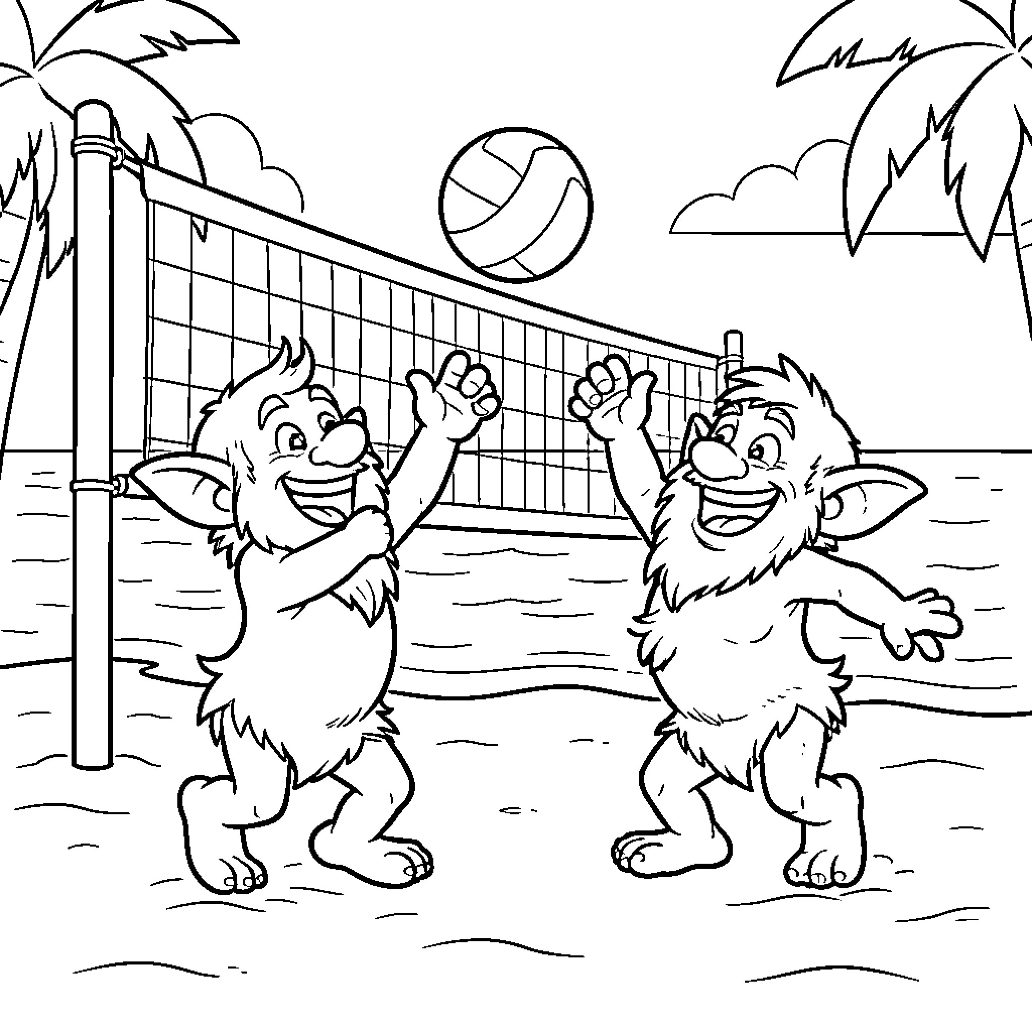 Troll characters playing volleyball on a tropical beach Coloring Page (free black-and-white line drawing printable PDF for all, from beginners to advanced learners, including children, teens, adults, and seniors)