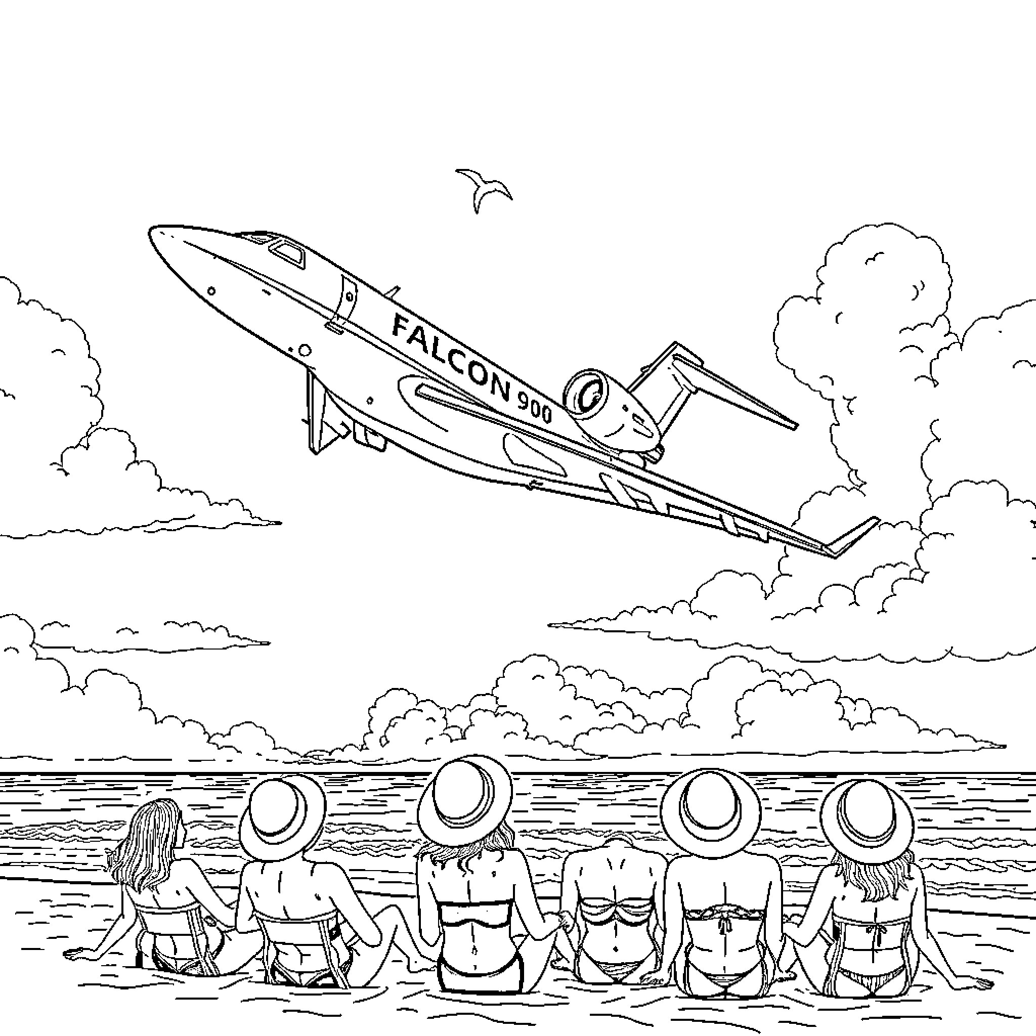 Falcon 900 jet takeoff witnessed by beachgoers Coloring Page (free black-and-white line drawing printable PDF for all, from beginners to advanced learners, including children, teens, adults, and seniors)
