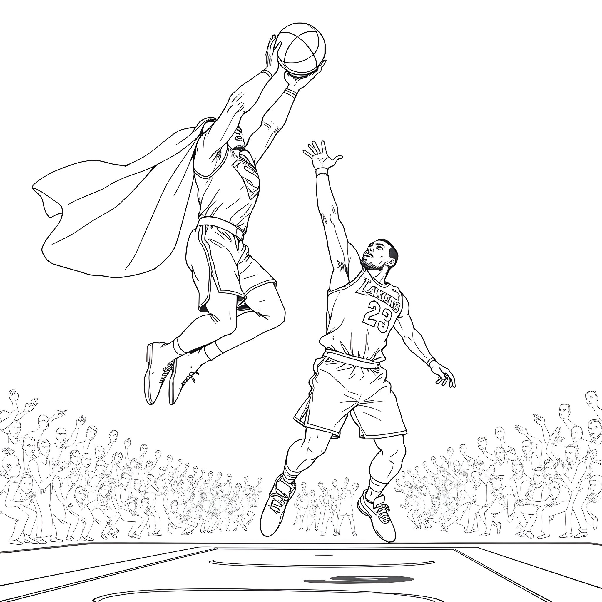 Superman Basketball Dunk Showdown Coloring Page (free black-and-white line drawing printable PDF for all, from beginners to advanced learners, including children, teens, adults, and seniors)