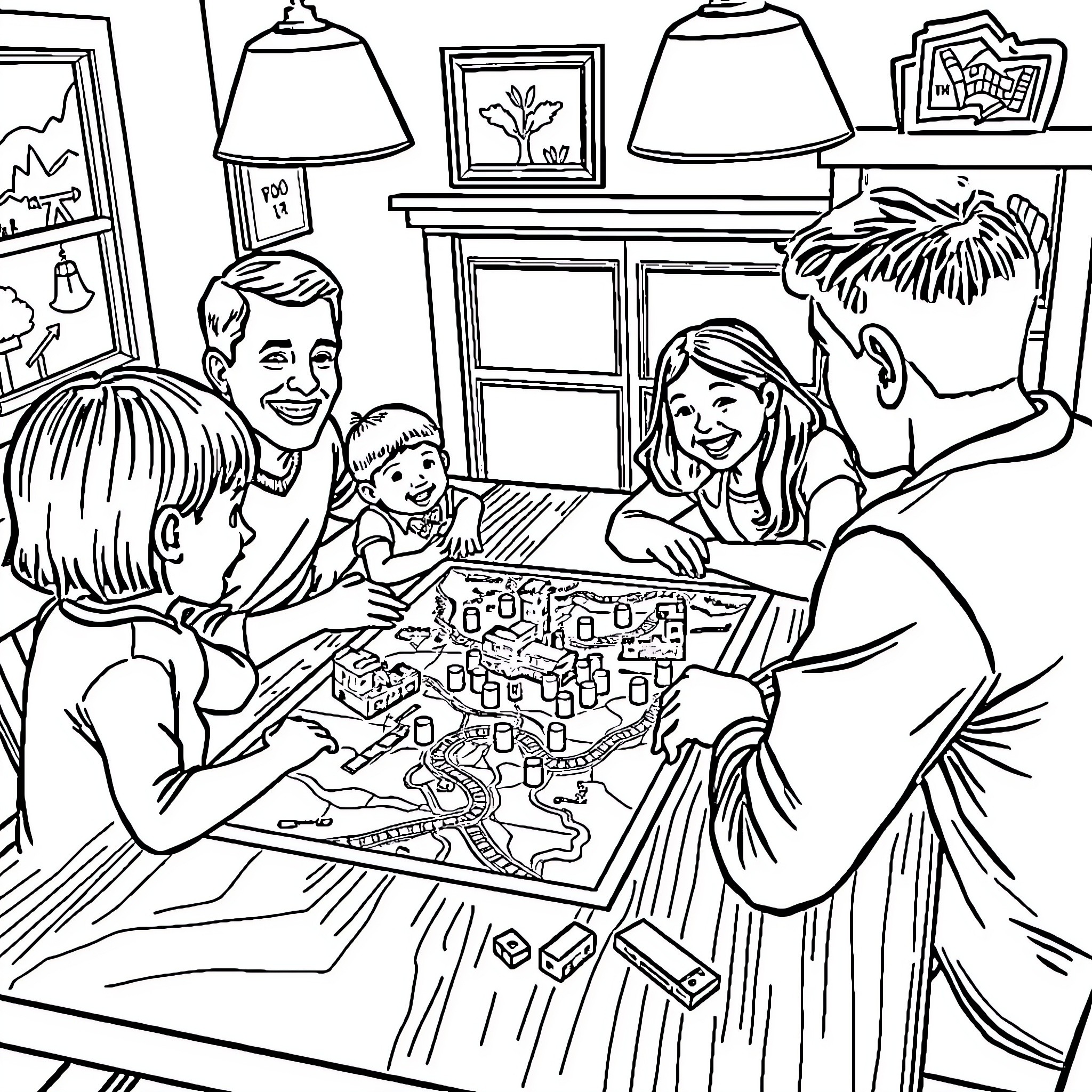 Family Enjoying Board Game Together at Home Coloring Page (free black-and-white line drawing printable PDF for all, from beginners to advanced learners, including children, teens, adults, and seniors)