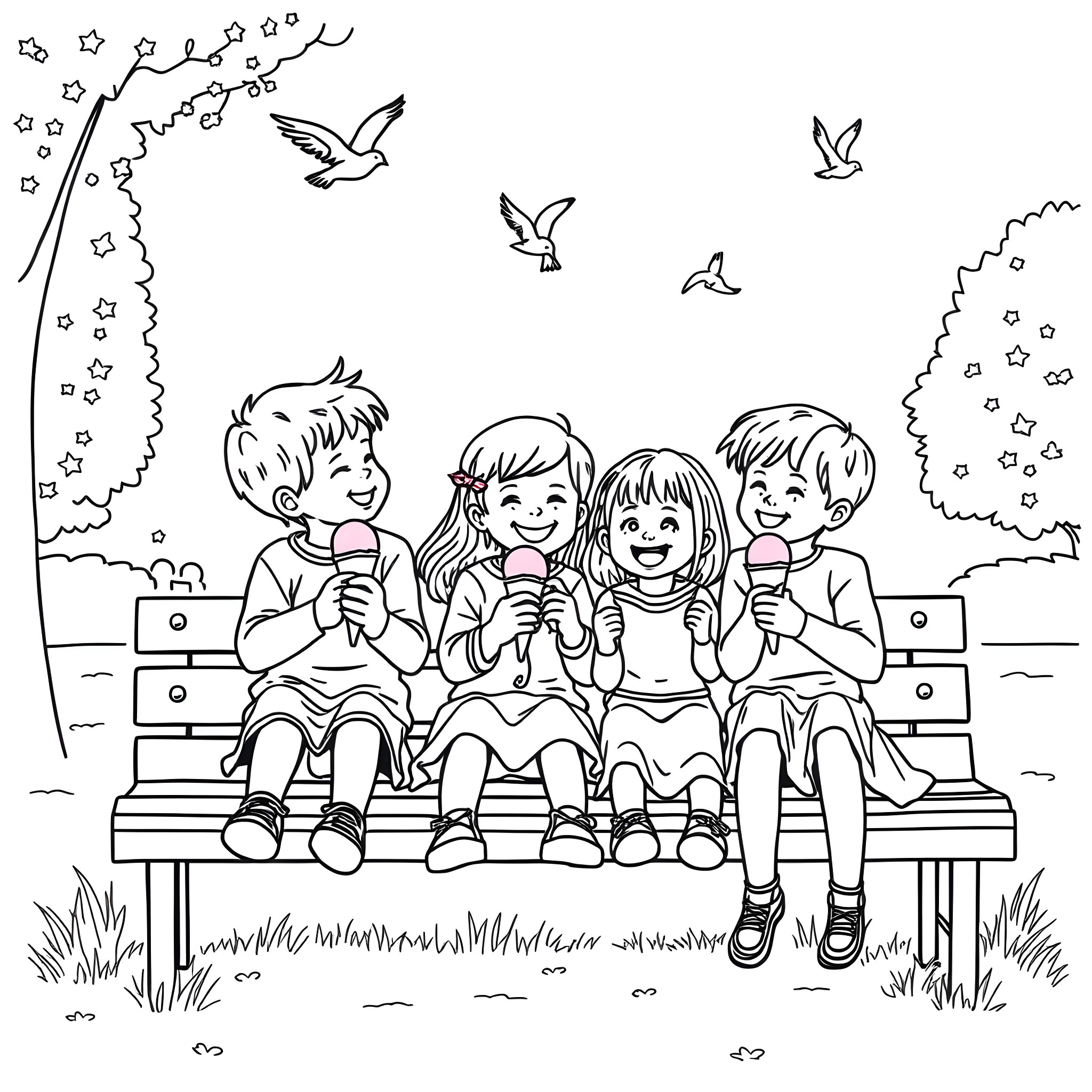 Kid friends enjoying ice cream on park bench Coloring Page (free black-and-white line drawing printable PDF for all, from beginners to advanced learners, including children, teens, adults, and seniors)