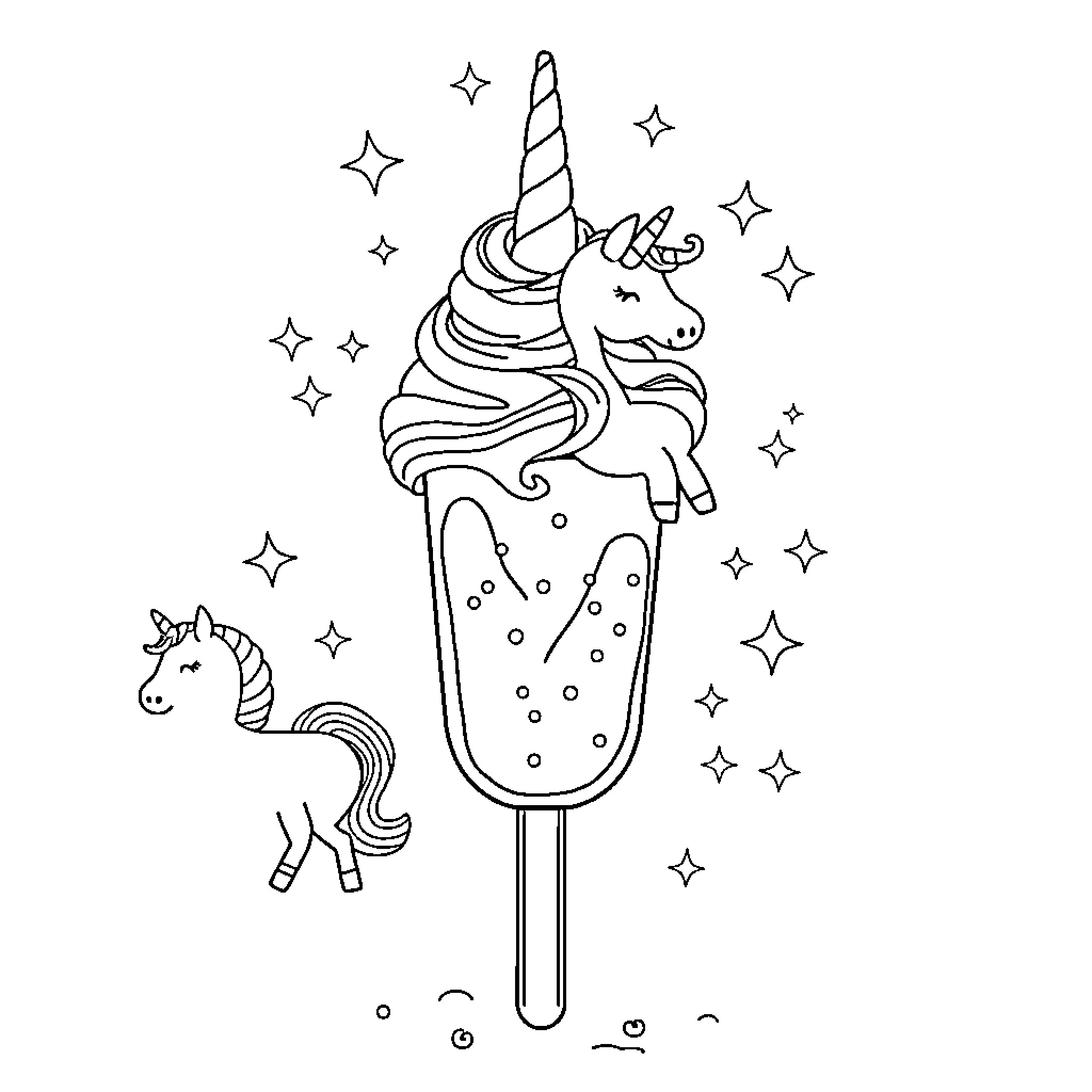 Popsicle with whimsical unicorn and stars Coloring Page (free black-and-white line drawing printable PDF for all, from beginners to advanced learners, including children, teens, adults, and seniors)