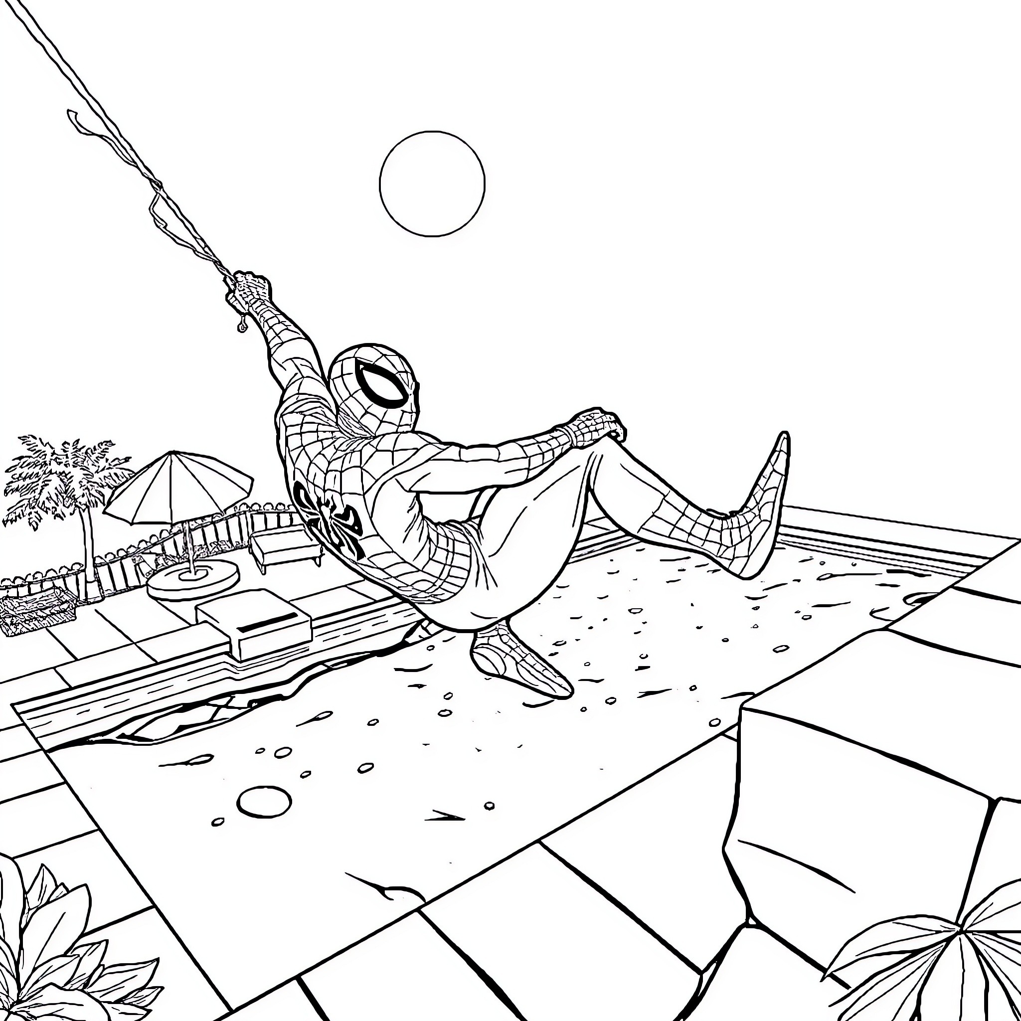 Spiderman lounging on the beach Coloring Page (free black-and-white line drawing printable PDF for all, from beginners to advanced learners, including children, teens, adults, and seniors)