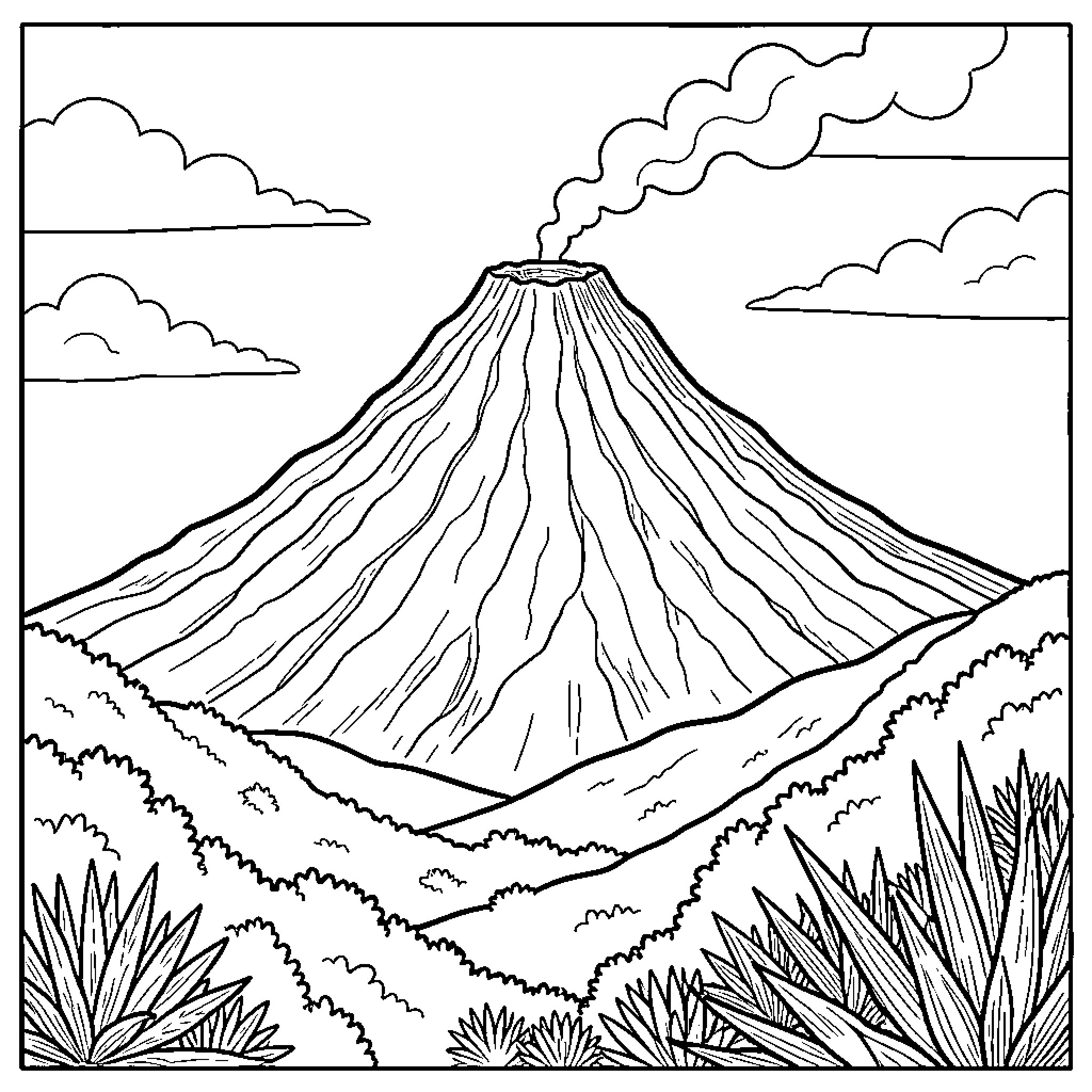 Teide Volcano Erupting in Dramatic Landscape Coloring Page (free black-and-white line drawing printable PDF for all, from beginners to advanced learners, including children, teens, adults, and seniors)
