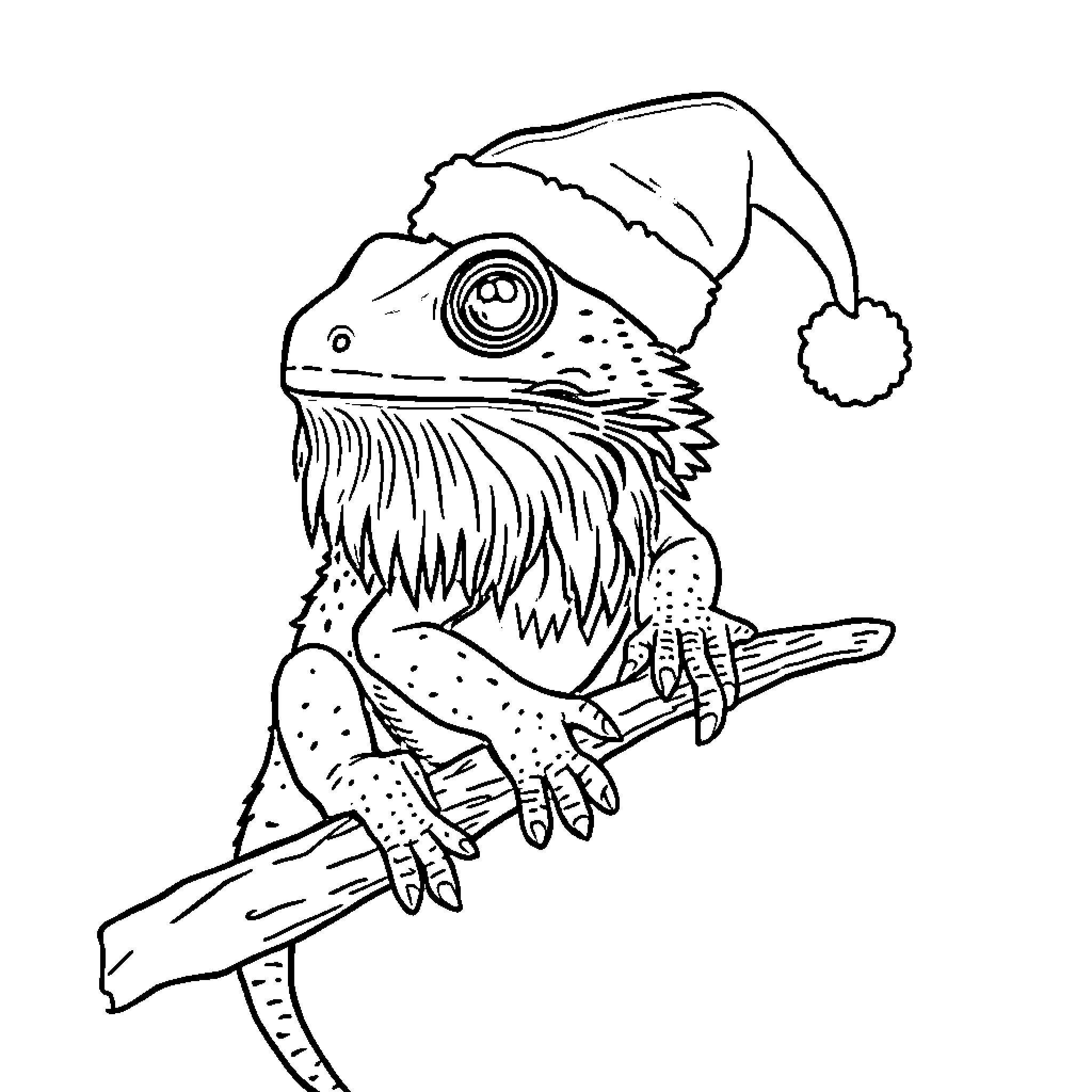 Bearded Dragon wearing Santa hat Coloring Page (free black-and-white line drawing printable PDF for all, from beginners to advanced learners, including children, teens, adults, and seniors)