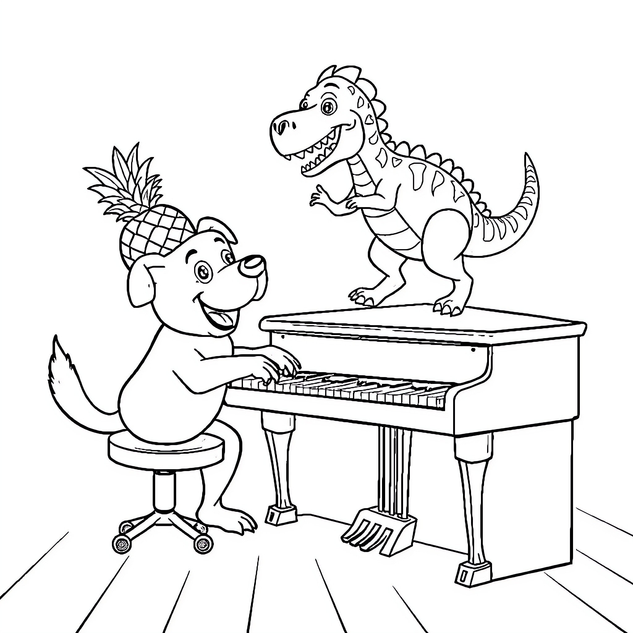 Dog playing piano with dinosaur friend Coloring Page (free black-and-white line drawing printable PDF for all, from beginners to advanced learners, including children, teens, adults, and seniors)