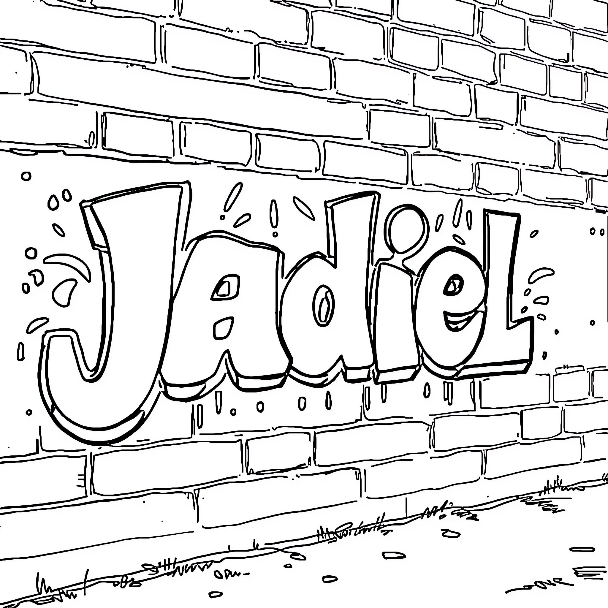 Graffiti name art on brick wall Coloring Page (free black-and-white line drawing printable PDF for all, from beginners to advanced learners, including children, teens, adults, and seniors)
