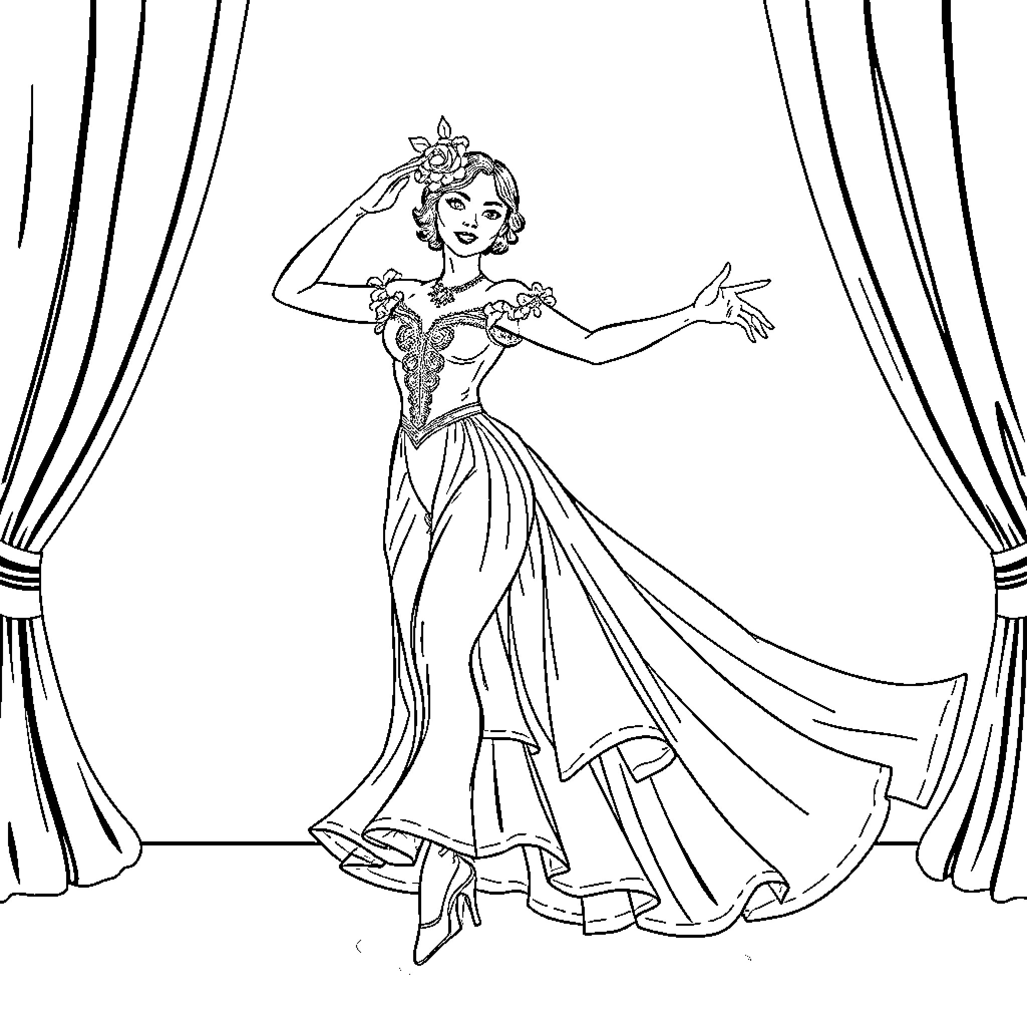 Bailarina performing graceful dance on stage Coloring Page (free black-and-white line drawing printable PDF for all, from beginners to advanced learners, including children, teens, adults, and seniors)
