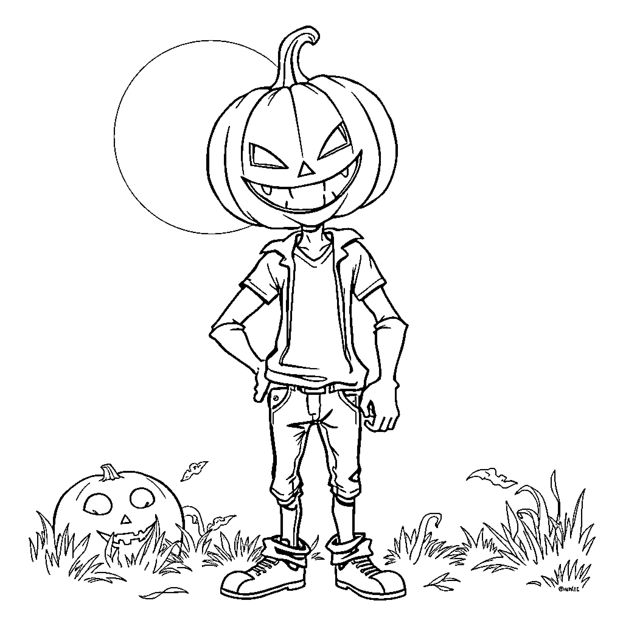 Guy with a Pumpkin Head in an Autumn Scene Coloring Page (free black-and-white line drawing printable PDF for all, from beginners to advanced learners, including children, teens, adults, and seniors)