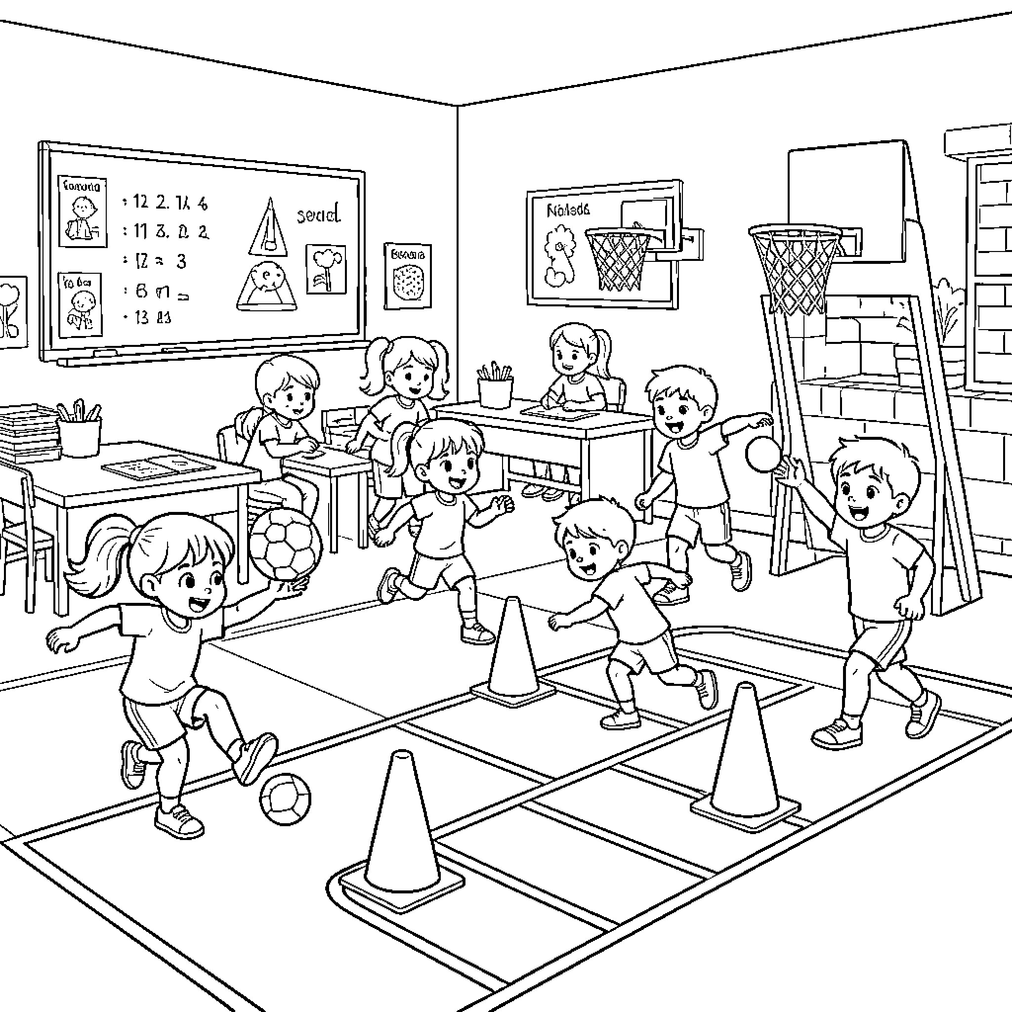 Actividad física divertida en el aula Coloring Page (free black-and-white line drawing printable PDF for all, from beginners to advanced learners, including children, teens, adults, and seniors)